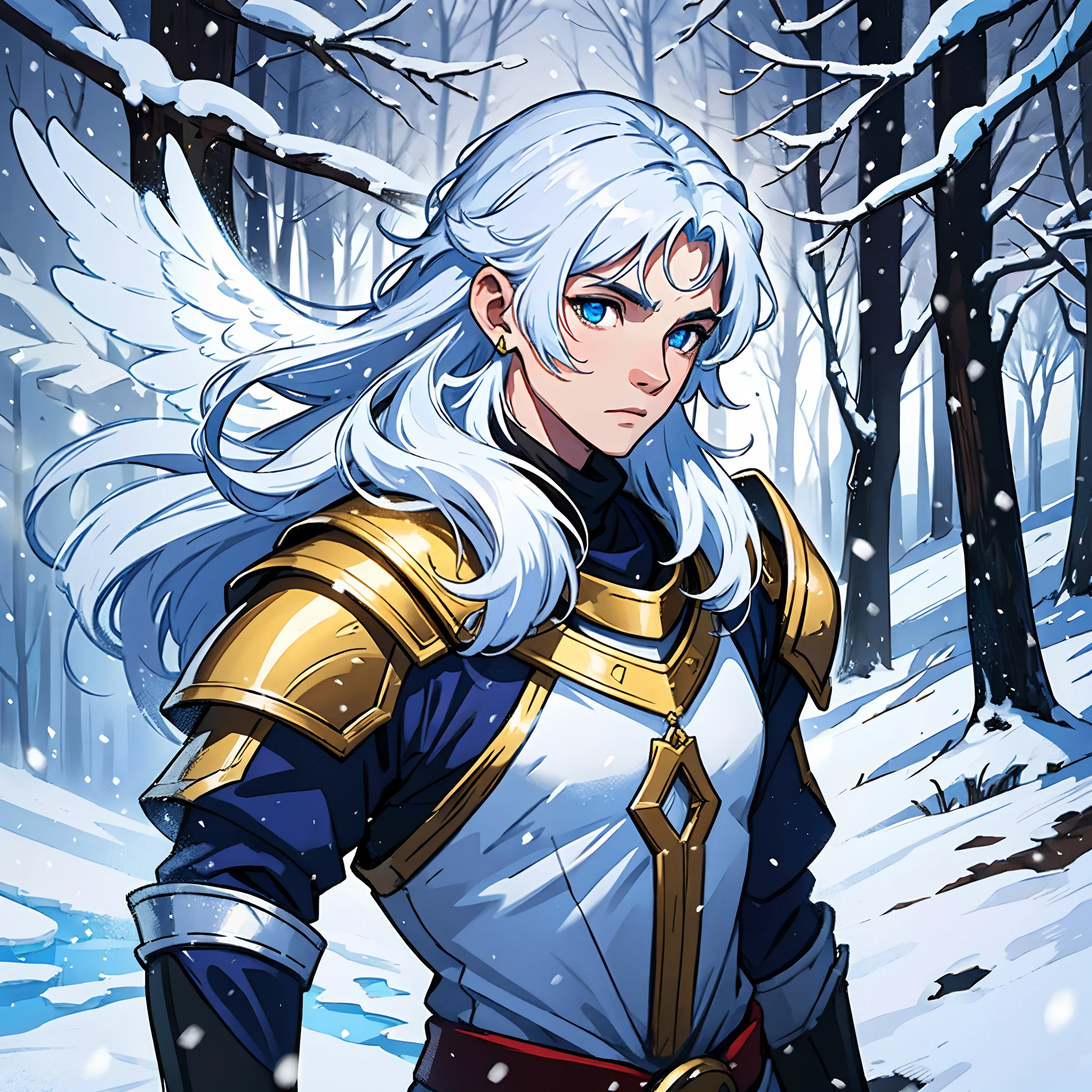 A young warrior, a noble knight prince from a kingdom wearing golden, blue, and white armor, an angelic armor. This warrior is young with ice powers, a handsome man with white, straight hair. His hair is of medium length, reaching the earlobes, like a channel haircut. His hair is as white as snow. He is a great warrior from a blue and white kingdom. His hair is of medium length, and his eyes are as blue as the ocean. He belongs to the angelic family. Lights form the image along with snow and a white glow. In the background, a snowy forest during a winter while it's snowing. A medieval artwork for RPG