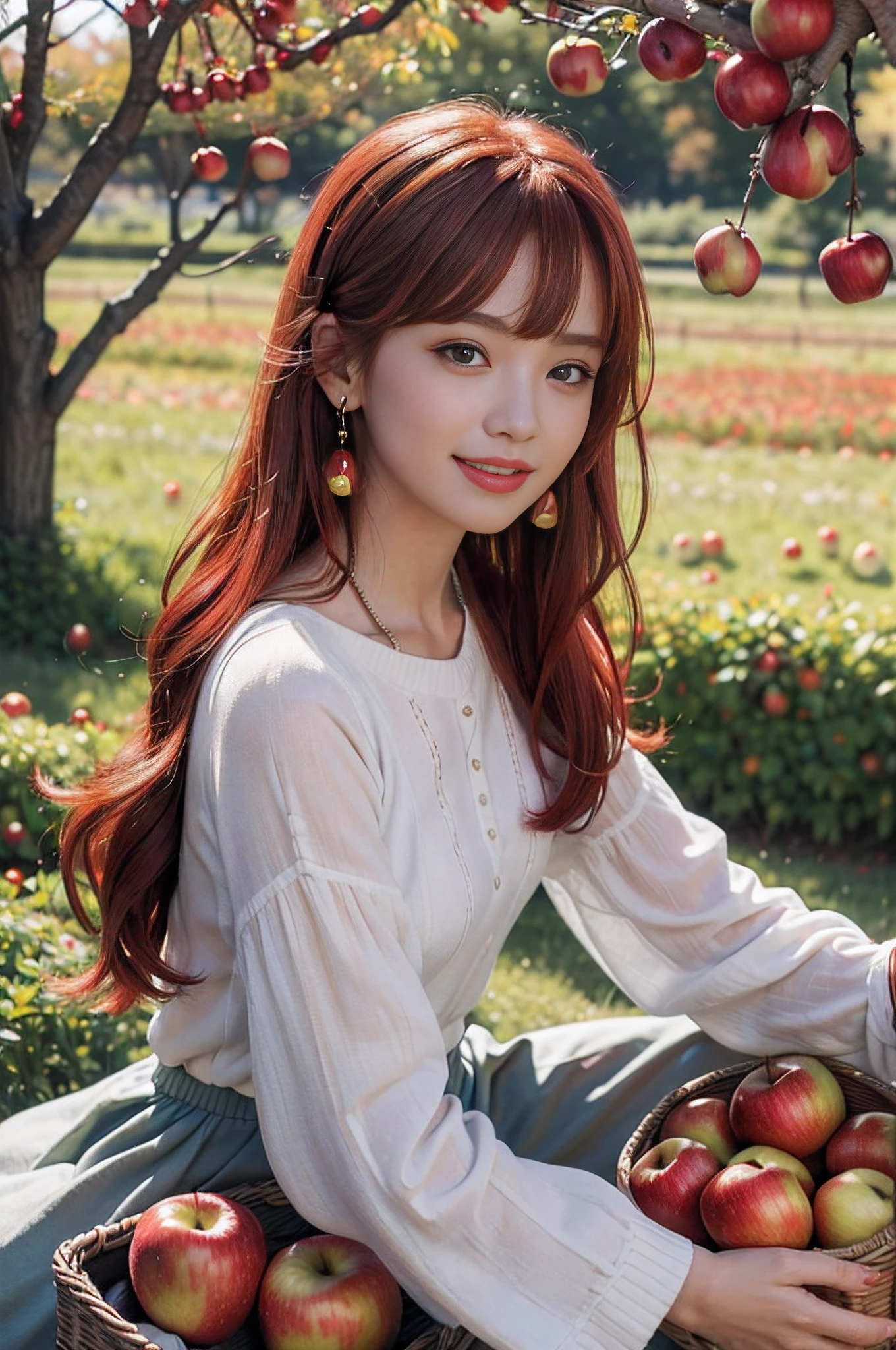 highres, ultra detailed, 1girl, sexy,smile, solo, extremely detailed eyes, ((autumn vibe)), autumn, apple trees, hair ornament,((red hair)), jewelry, looking at viewer, ((upper body)), ((sitting on the apple garden)), ((holding apples in the small basket )), hair clip, earrings, red flower, yellow flower, bangs,