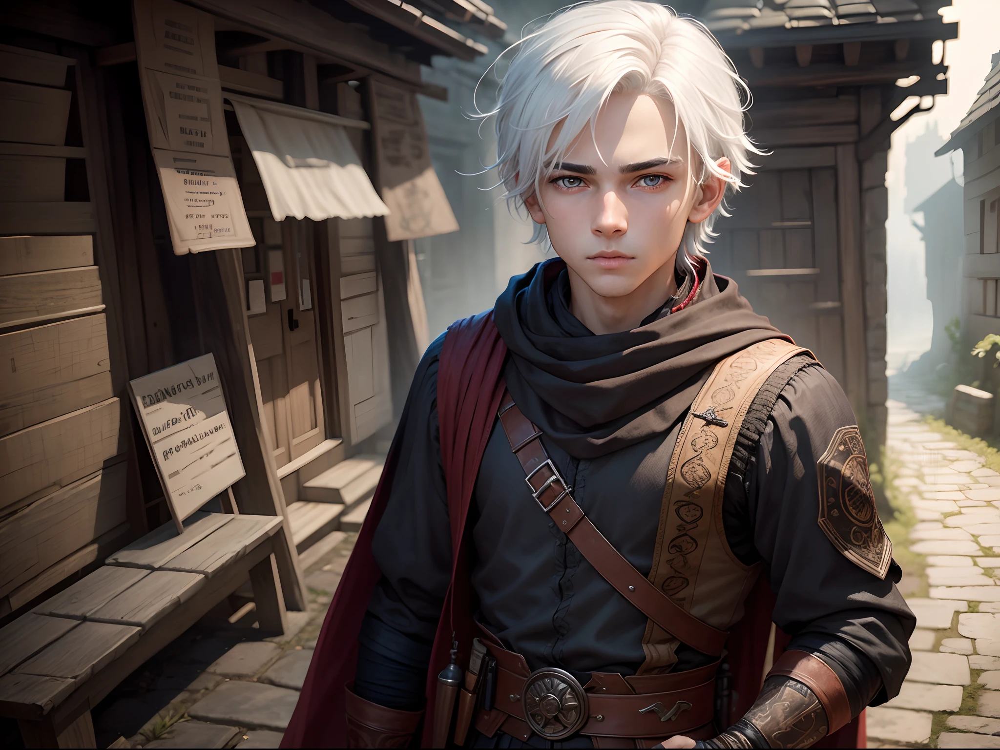 boy,young,handsome,12 years old, finely detailed eyes,red iris color,skin light tone,white hair, intricate details, portrait, looking at viewer, solo, (full body:0.6), detailed background, detailed face, face covered by bandana, smuggler, (tattoos:0.9), dynamic pose,dark wizard clothes, high fantasy medieval setting, dark alleyway background, stealth,fog