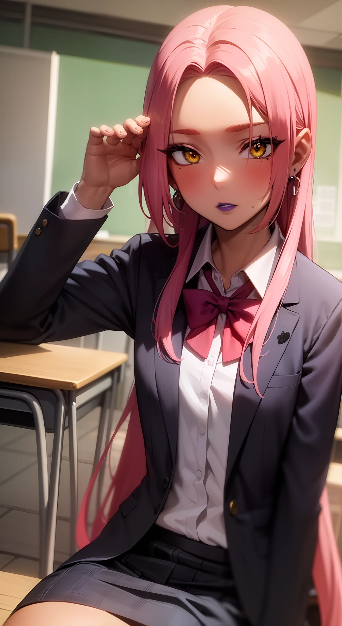 Ingrid, 1boy, 1girl, , chilnk hair, blush, flat chest, desk, formal, lipstick, long hair, long sleeves, makeup, sitting, solo focus, suit, ((school uniform)), (dark skinned female:1.15), dark skin, posing, classroom, table, chair, sitting, (expressionless:1.2), looking at viewer, cowboy shot, pink hair, very long hair, forehead, hair intakes, purple lipstick, makeup, mole under mouth, yellow eyes, perfect eyes, perfect face, ultra detailed hair, ultra detailed face, earrings, ultra detailed lips, ultra detailed lipstick