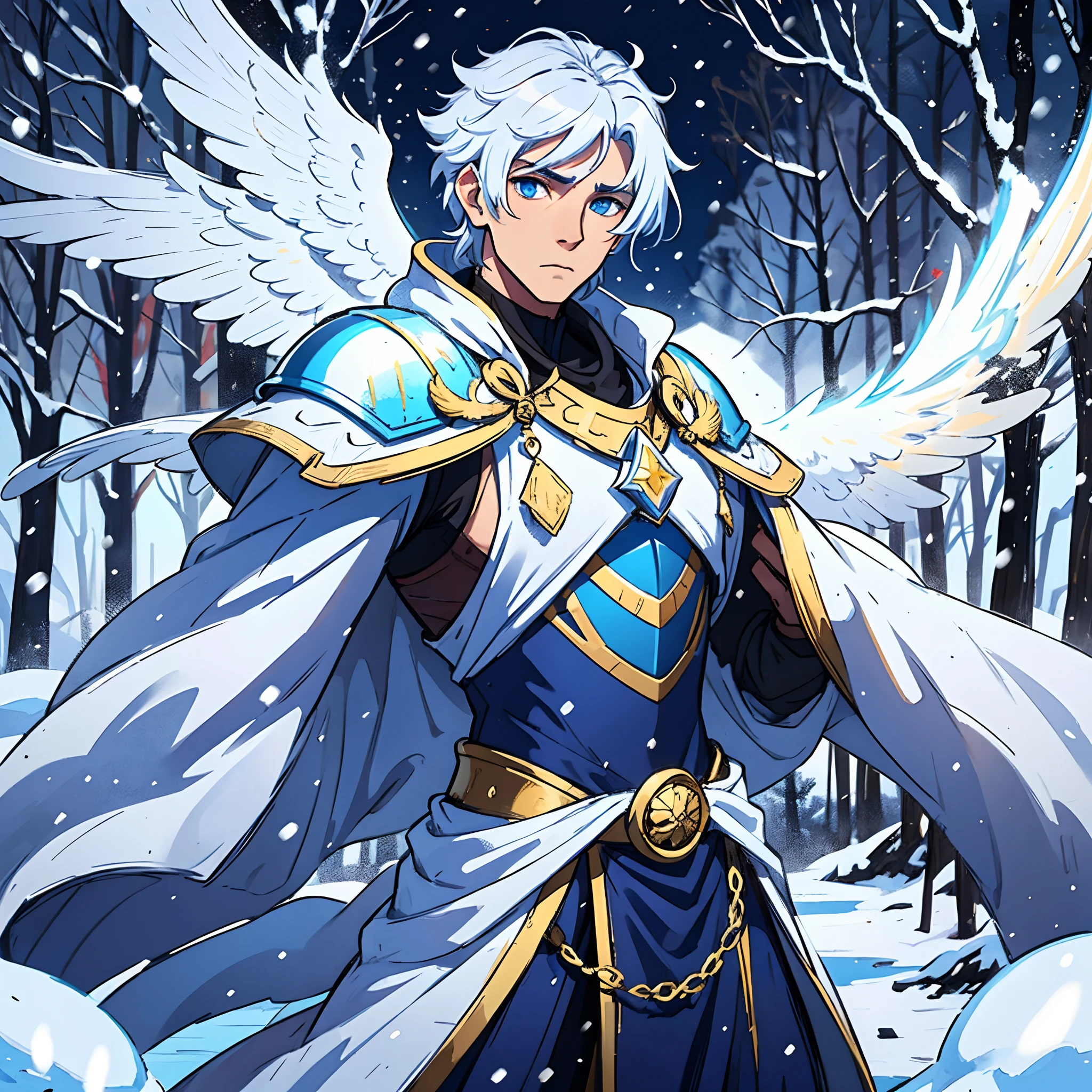 masterpiece, best quality, 1 male, adult, tall muscular, handsome, royal, Holy Knight, undercut, very short hair, silver hair, forehead, purple eyes, stoic, chief of the knights, suit of armor, winter, snow, holy, saint