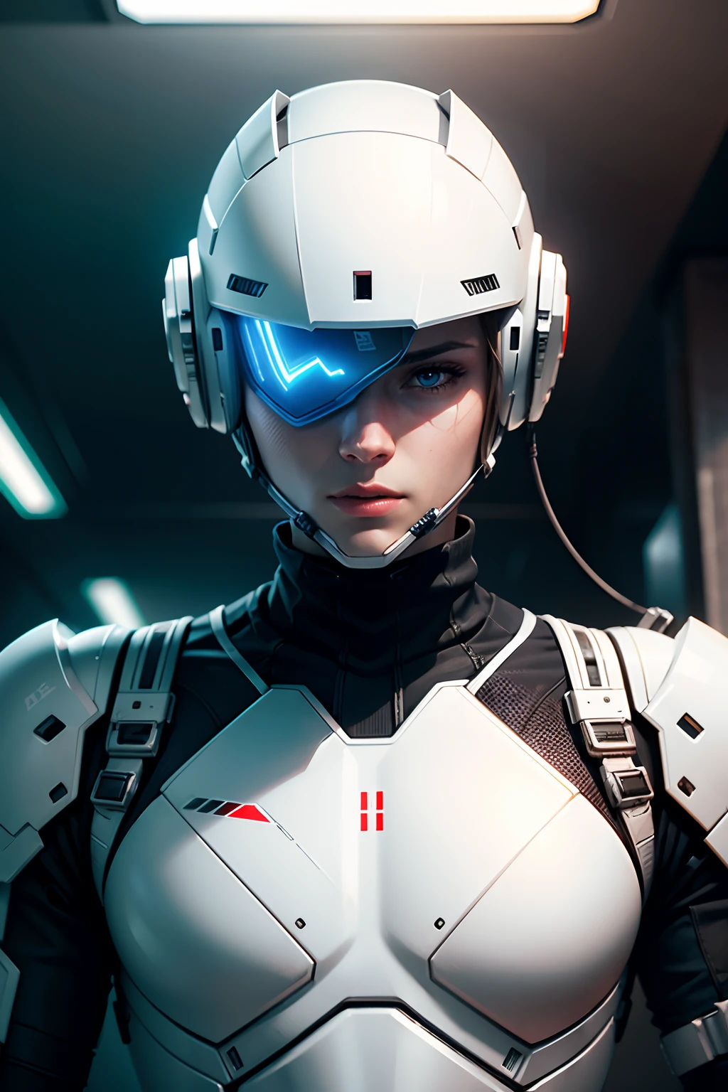 Realistic white combat android in an advanced cybernetic suit with cyberpunk technological helmet and visor