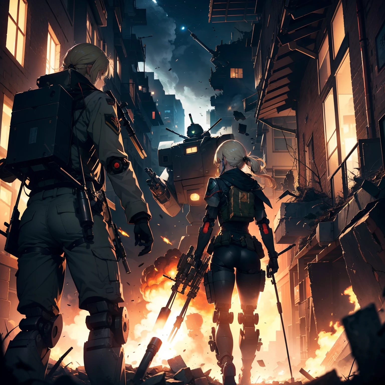 (Anti-tank rifles)、(Destroy military robots with sniping:1.4)、(One female sniper)、独奏:1.4、(Black combat uniform)、(platinum-blonde-hair:1.2)、Have multiple weapons、rubble、((超A high resolution))、Detail Write、masterpiece、top-quality、extremely details CG、8K picture quality、Cinematographic lighting、lensflare、(Night combat)、((Sniping from inside the building))、Hyper-detailing、The wreckage of military robots、cowboy shot:1.4、from back