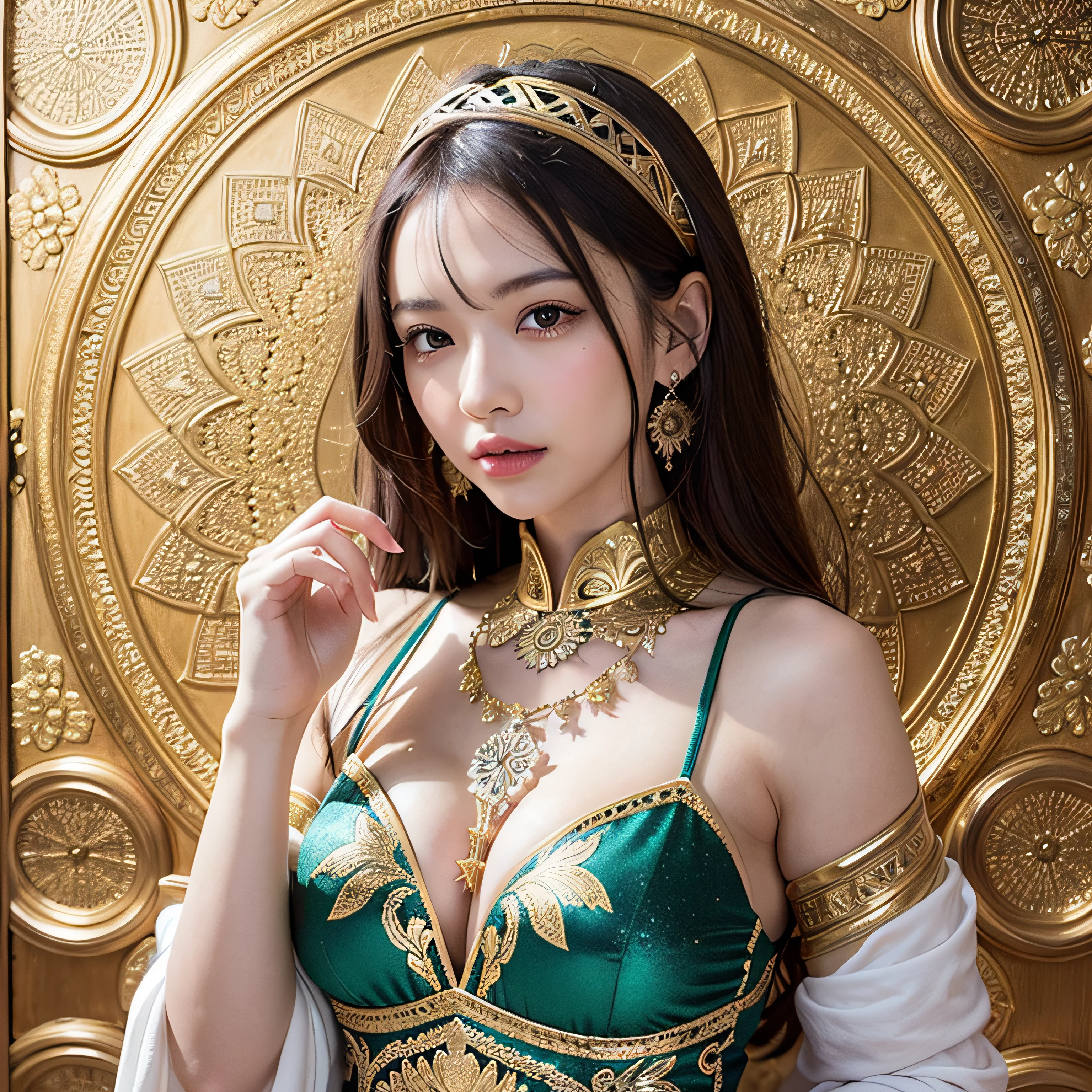 PerfectNwsjMajic,(masutepiece, of the highest quality, Best Quality, Official art, Beautiful and aesthetic:1.2), (1girl in), ighly detailed,Colorful,highest details, Official art, Unity 8k壁纸, ultra-detailliert, Beautiful and aesthetic, Beautiful, masutepiece, Best Quality, (Zentangle, mandalas, Tangle, Entangle) ,Holy Light,gold foil,Gold leaf art,glitter drawing,