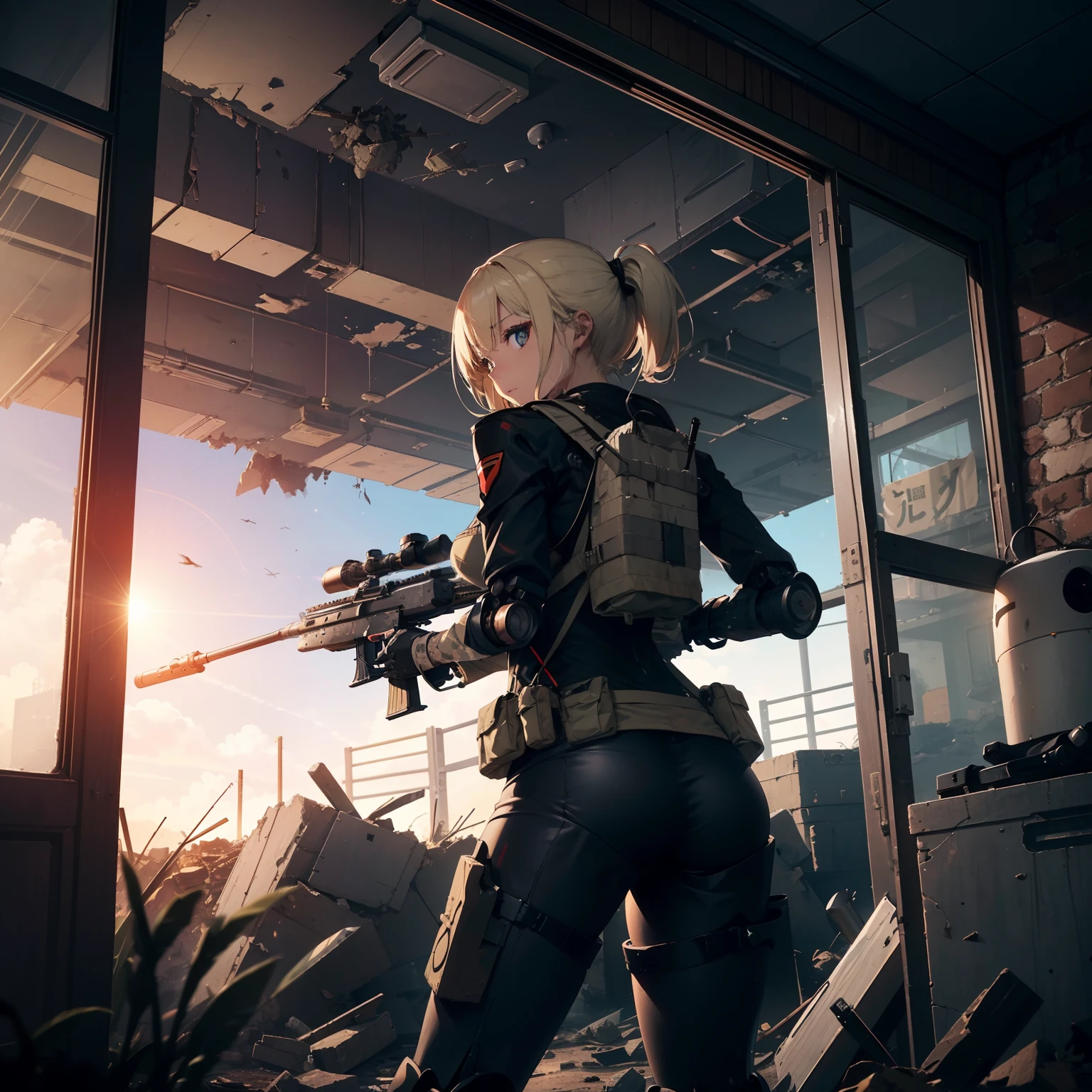 (Firing anti-tank rifles:1.4)、(Destroying military robots with sniping:1.4)、(1 healthy female sniper)、独奏:1.4、(Black combat uniform)、(platinum-blonde-hair:1.2)、Have multiple weapons、rubble、((超A high resolution))、Detail Write、​masterpiece、top-quality、extremely details CG、8K picture quality、Cinematographic lighting、lensflare、(Night combat)、((Sniping from inside the building))、Hyper-detailing、The wreckage of military robots、cowboy  shot:1.4、From diagonally behind