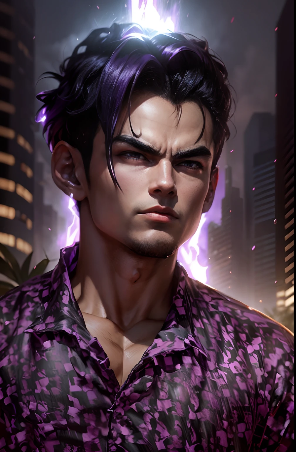 God of Destruction，Young Vegeta，Very handsome，Black Purple Hair，The battle was fierce，Dynamic，depth of fields，Full of details