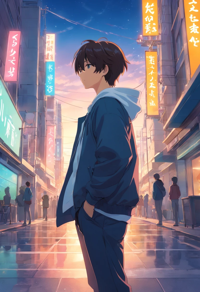 ​masterpiece、twinks、30-years old、A dark-haired、Black jacket、Black pants、white t-shirts、Giving bangs、Sticking out your forehead、twinks、Eyes drawn in detail、a handsome、Inside the city、starrysky、Mystical light、dramatic light、Cinematic power、white hair , grey eyes