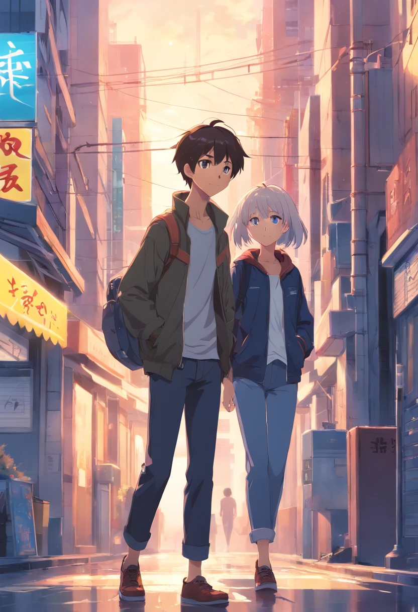 masterpiece、twinks、30-years old、A dark-haired、Black jacket、Black pants、white t-shirts、Giving bangs、Sticking out your forehead、twinks、Eyes drawn in detail、a handsome、Inside the city、starrysky、Mystical light、dramatic light、Cinematic power、white hair , grey eyes