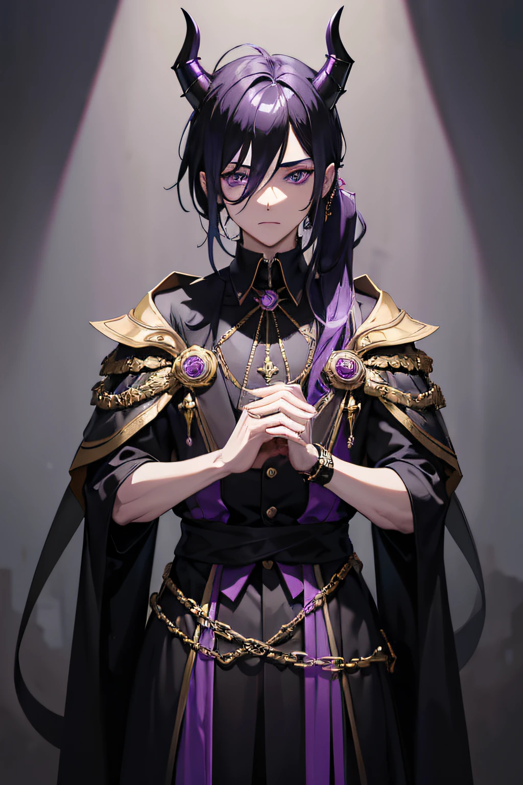 1boy, magician, mysterious, long black and purple hair, side ponytail, wearing gold jewelry, purple eyes, wearing a broken mask on half his face, black cloak, demon horns, veil covering half the face, absurdres, high res, ultrasharp, 8K, masterpiece, looking at viewer, standing, no background no background no background no background