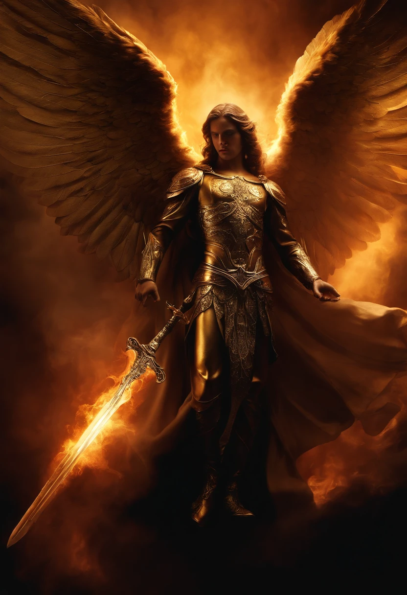 Figura angelical ultrarrealista: A golden angel with wings spread with a sword of fire in his hand in a darkness, Dark smoke setting