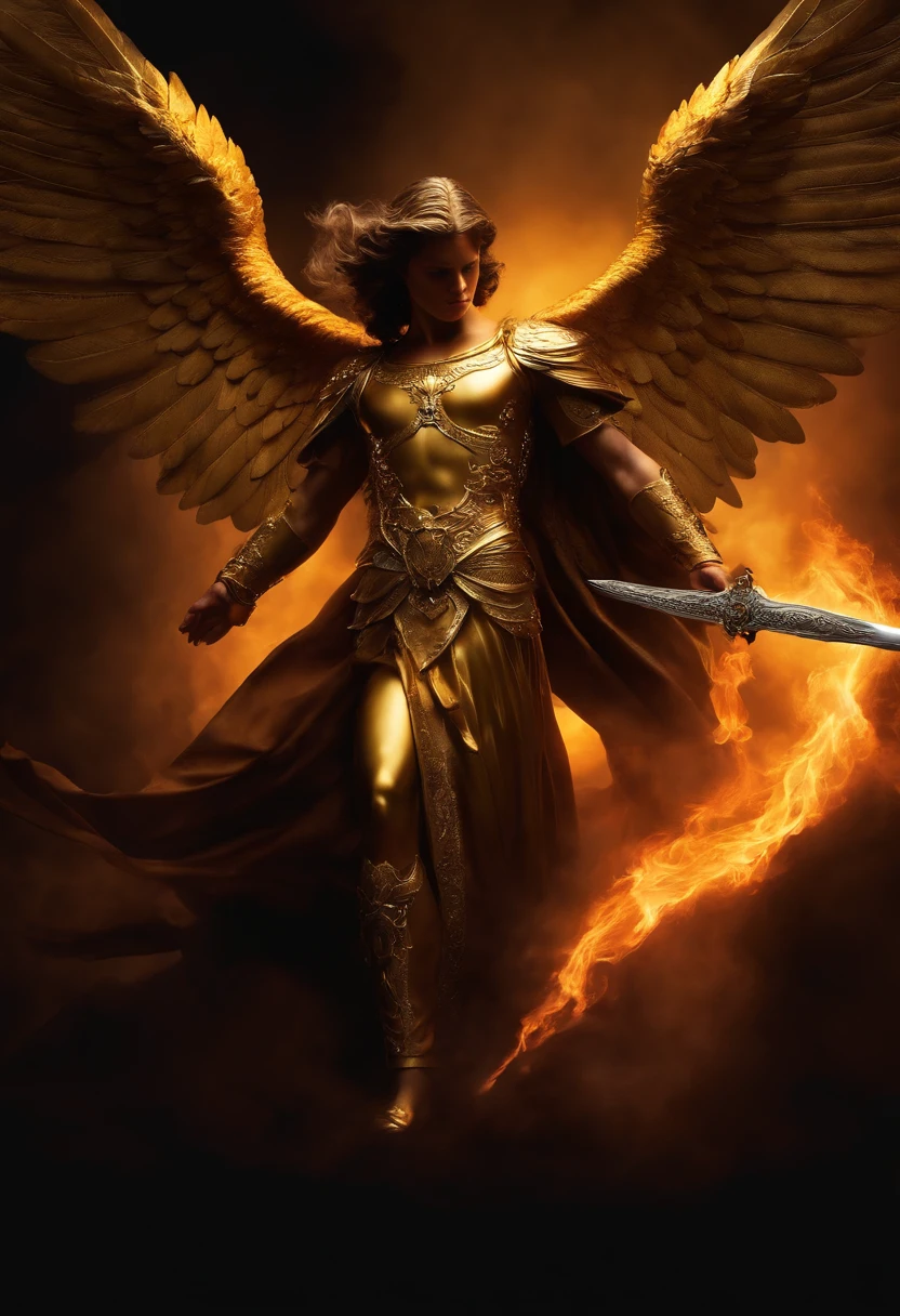 Figura angelical ultrarrealista: A golden angel with wings spread with a sword of fire in his hand in a darkness, Dark smoke setting