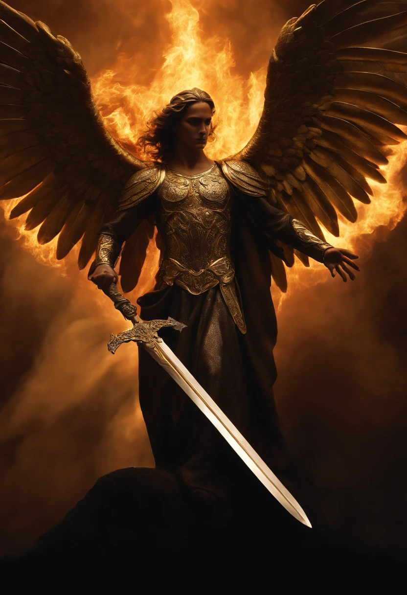 Figura angelical ultrarrealista: A golden angel with wings spread with a sword of fire in his hand in a darkness, Dark smoke setting