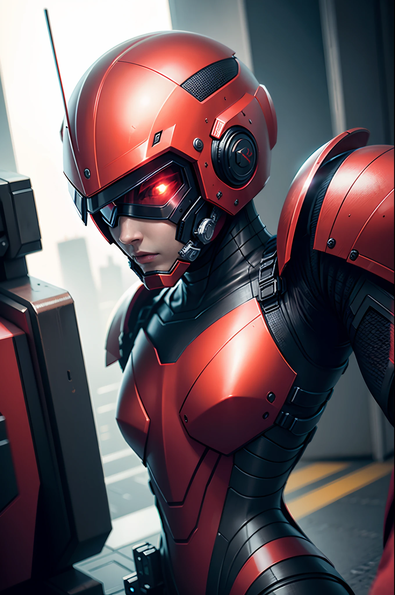 Realistic red combat android in an advanced cyber suit with cyberpunk technological helmet and visor