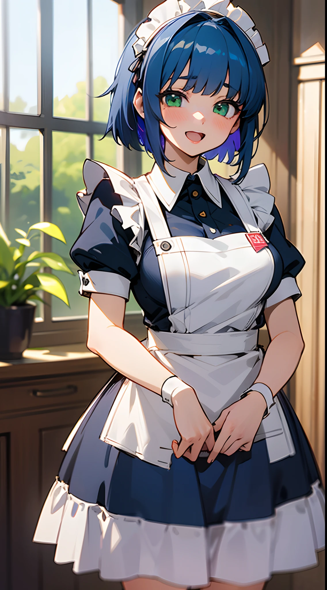 (Best Quality,4K,hight resolution,Ultra-detailed:1.2),Anime style,Food and table、20 year old girl standing、Animated picture,Wearing an apron,smile shy,Blushing,Solo Focus,White Apron,shiny dark blue hair、Straight short hair、Green eyes、Blunt bangs、middle size breasts,Looking at Viewer,mead,Indoors,Open mouth,Short sleeves,Maid headdress,Beautiful Girl,Anime Maid.