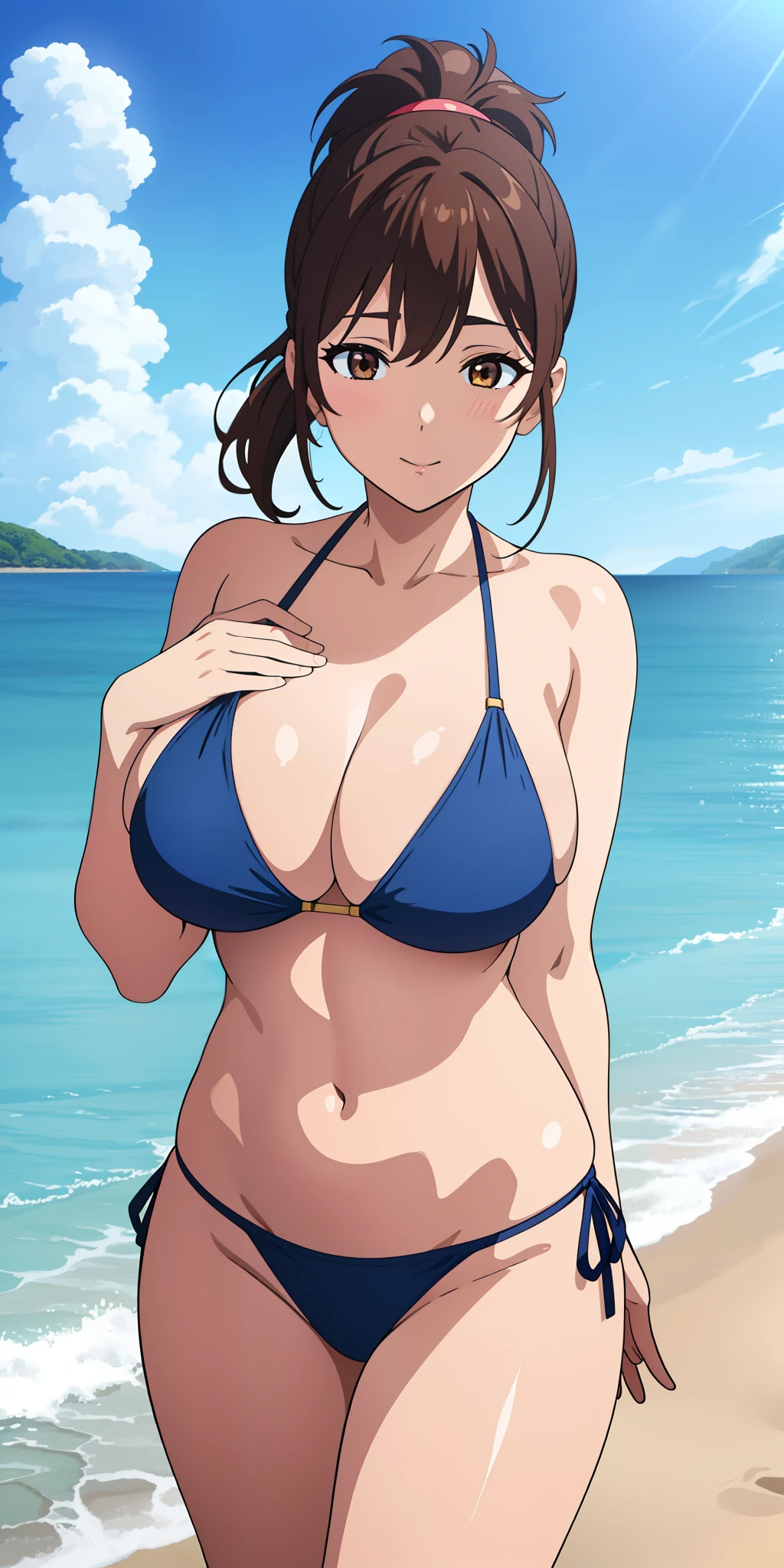 (close shot, best quality:1.5, highres, UHD, 4K, detailed lighting, shaders), brown ponytail, large breasts, bikini, standing, (pov), beach background