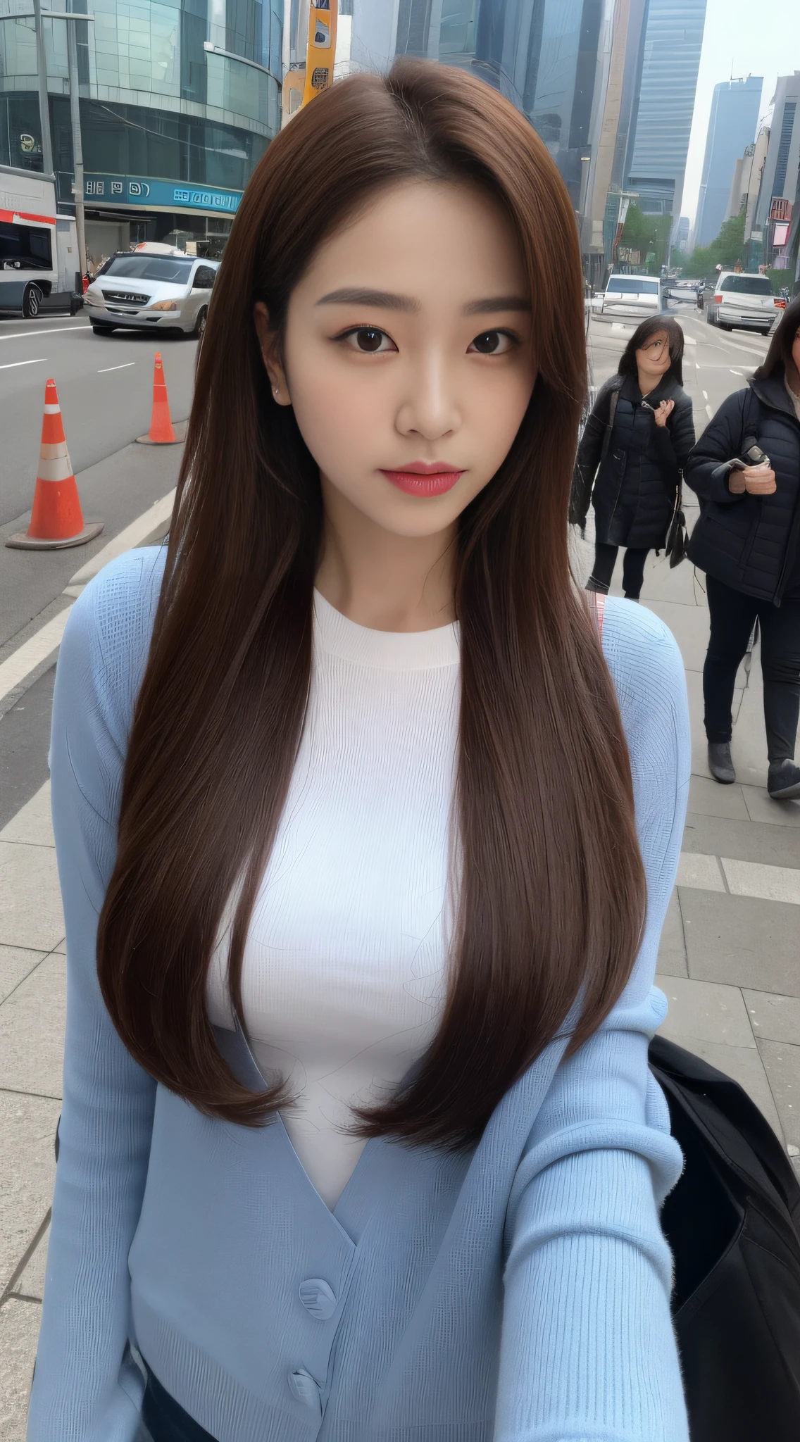 ((Day, Best Quality, 8K, Realistic)), Full body: 1.4, Slender abs: 1.2, ((Long windy dark brown hair: 1.2, Medium Breasts: 1.2)), (White long tight sleeves: 1.1, Tight pants: 1.1, Walking: 1.2), (Outdoor, Streets, Side korea road, Crowded korea traffic background: 1.1, Windy: 1.4, Day light view), Highly detailed face and skin texture, detailed eyes, double eyelids, full body selfie camera view, seductive random pose, (Face looking at the camera: 1.1, Ultra-wide selfie camera 0.5, Camera flash, Holding the camera, Selfie: 1.2)