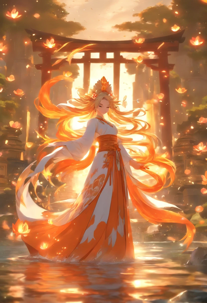 Anime game Arcane Garden's of the Great White Empire - Girl, fairy, golden eyes, fiery golden hair, orange feather wings, fairy wings, feathers, fiery golden dress, white tights, white hairpin, lotus bracelet, fiery lotuses, lake, sunset, Asian temple on the background, white scythe
