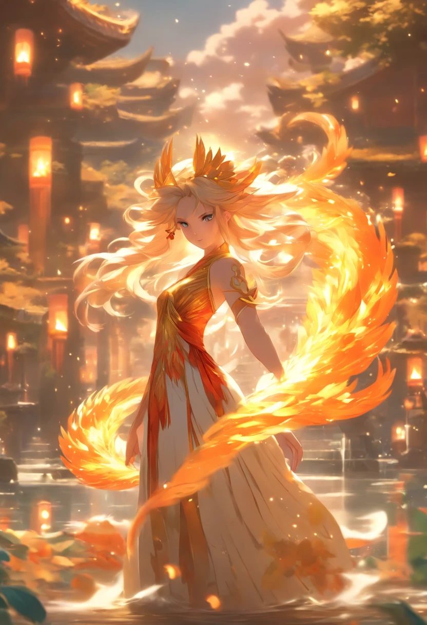Anime game Arcane Garden's of the Great White Empire - Girl, fairy, golden eyes, fiery golden hair, orange feather wings, fairy wings, feathers, fiery golden dress, white tights, white hairpin, lotus bracelet, fiery lotuses, lake, sunset, Asian temple on the background, white scythe