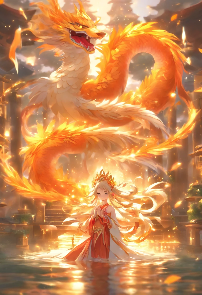 Anime game Arcane Garden's of the Great White Empire - Girl, fairy, golden eyes, fiery golden hair, orange feather wings, fairy wings, feathers, fiery golden dress, white tights, white hairpin, lotus bracelet, fiery lotuses, lake, sunset, Asian temple on the background, white scythe