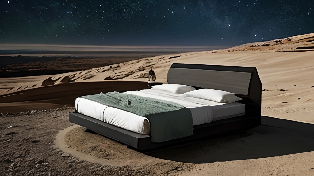 A conventional bed out of context on a distant planet where nature and landscapes are beautiful but have characteristics of another planet different from Earth