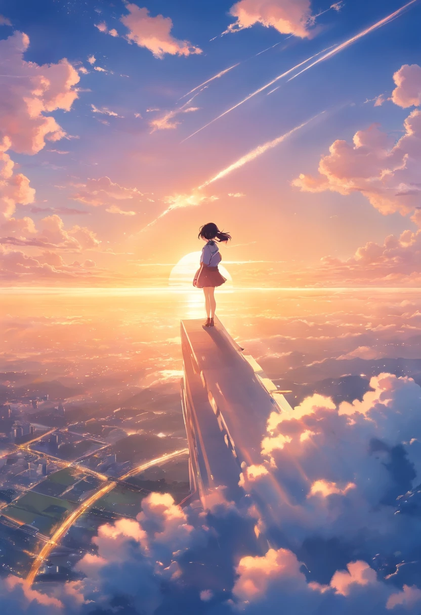 masterpiece、top-quality、Movie stills、1girl、Cloud Girl、floating in sky、Angle from above Girl is looking up at the sky、发光、happiness、Warm soft lighting、the setting sun、(Spark:0.7) Poster style Make a strong impact
