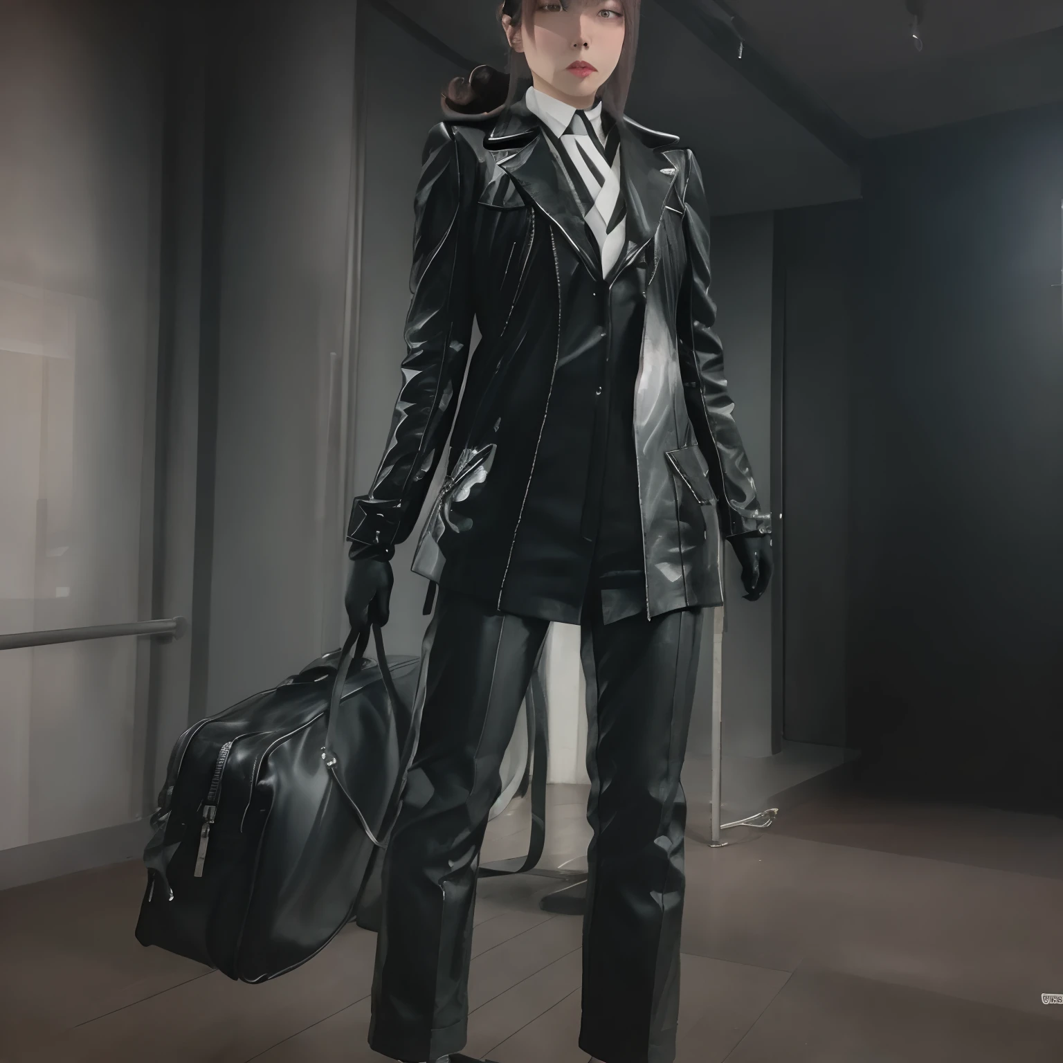 A Japanese woman with black leather gloves wearing a black men's three-piece suit with a black shirt