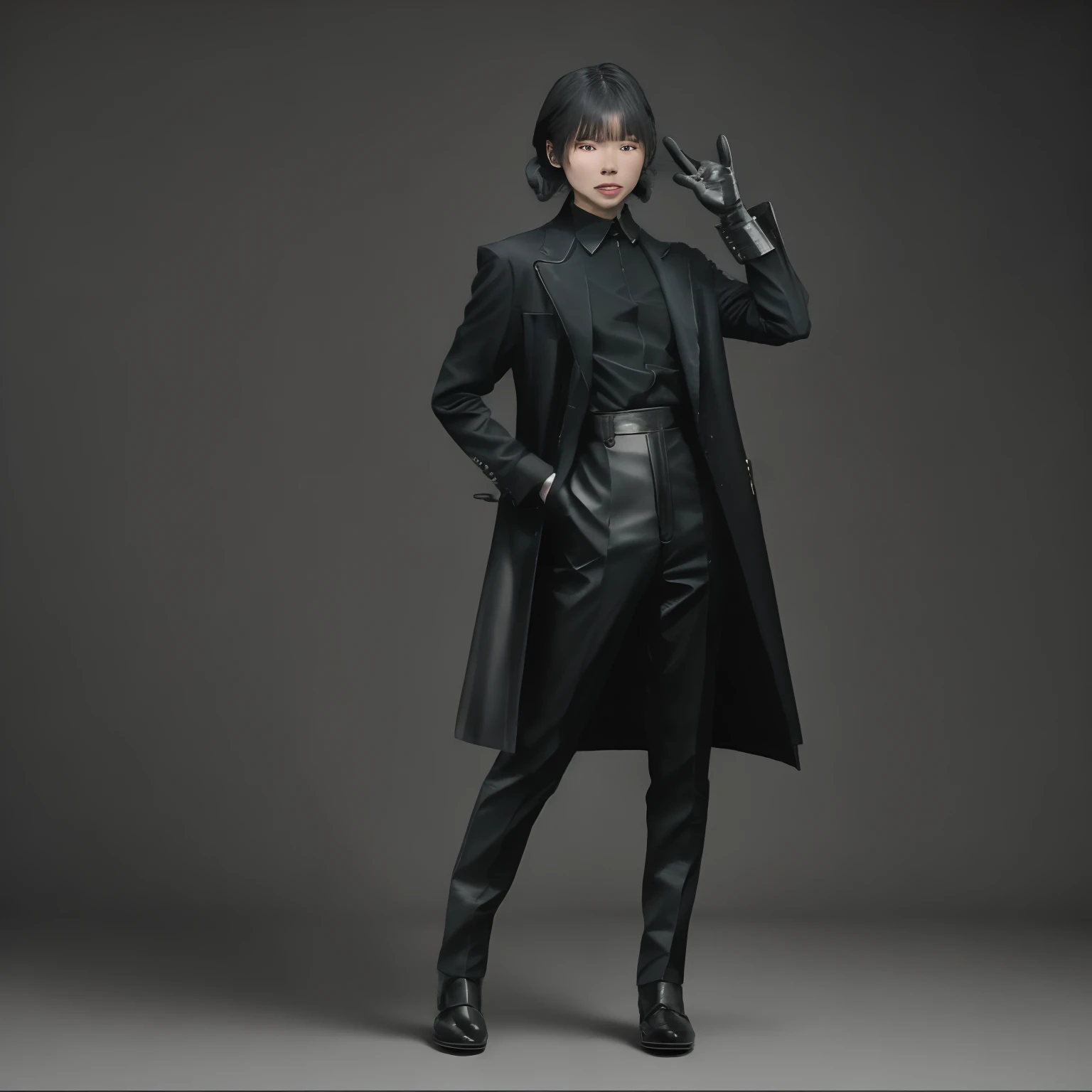 A Japanese woman with black leather gloves wearing a black men's three-piece suit with a black shirt