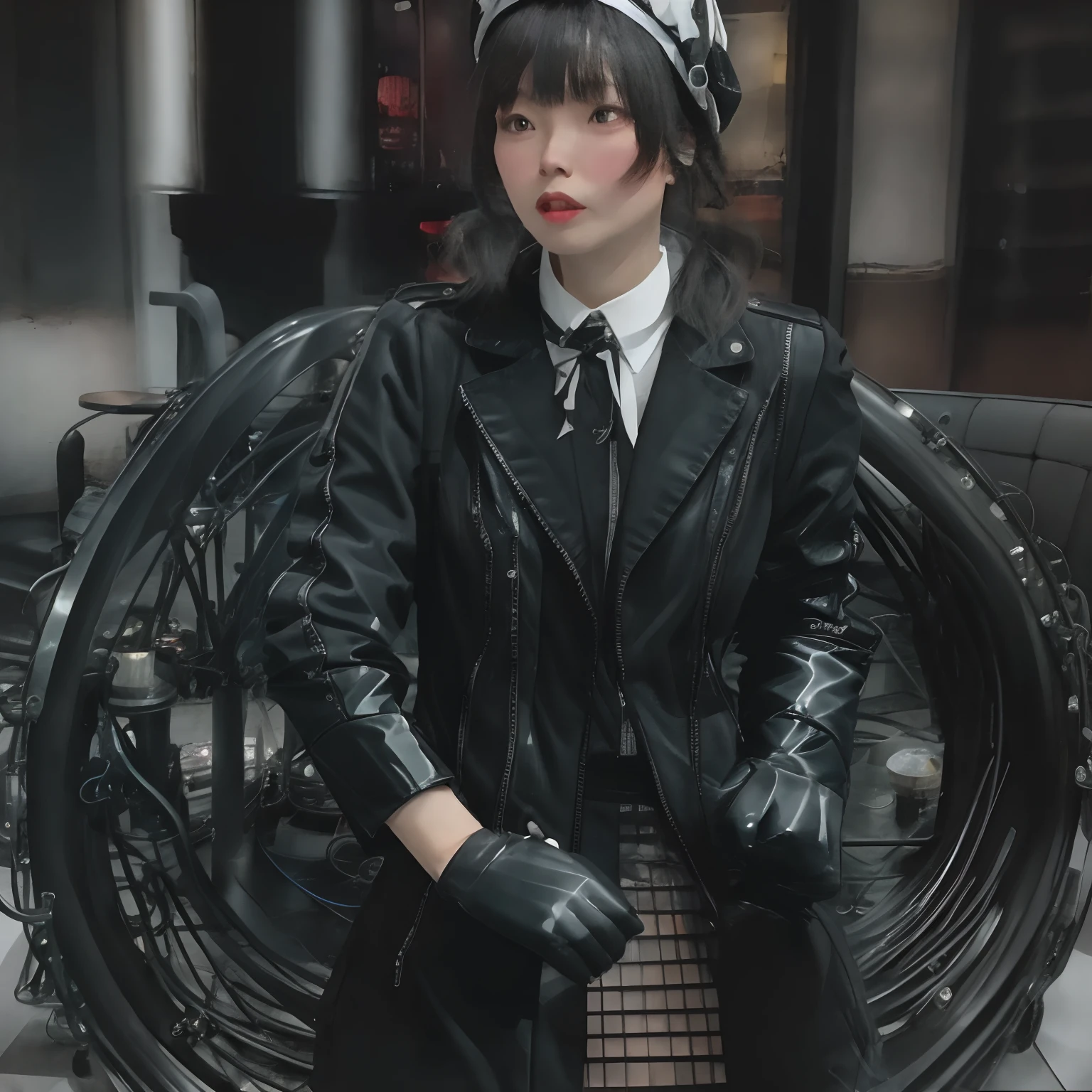 A Japanese woman with black leather gloves wearing a black men's three-piece suit with a black shirt