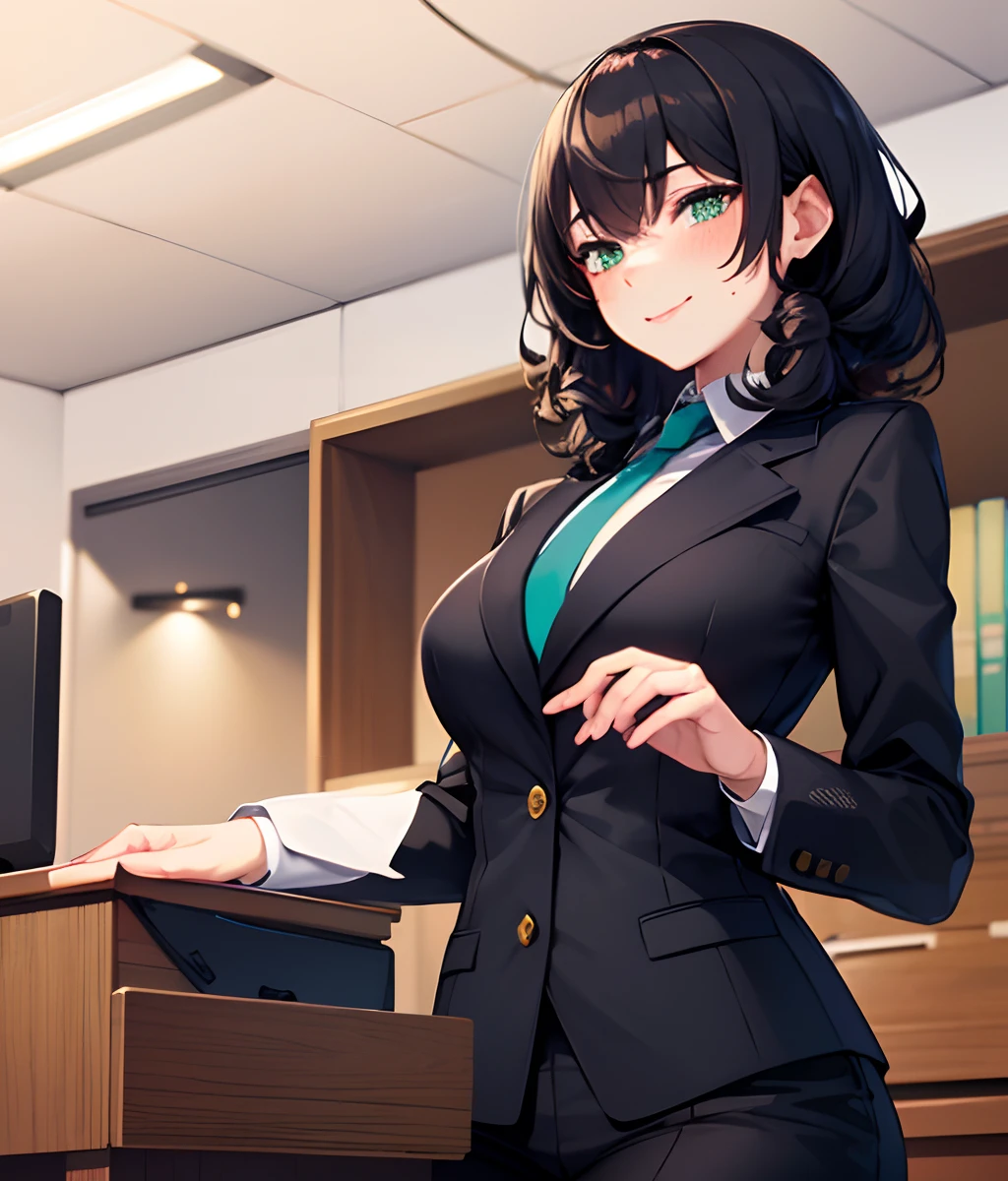 1girl, light blue buisness suit, dark green eyes, confident, friendly smile, black dyed curly hair, medium bust, freckles, sitting ontop of a desk and hands off to the sides, office background