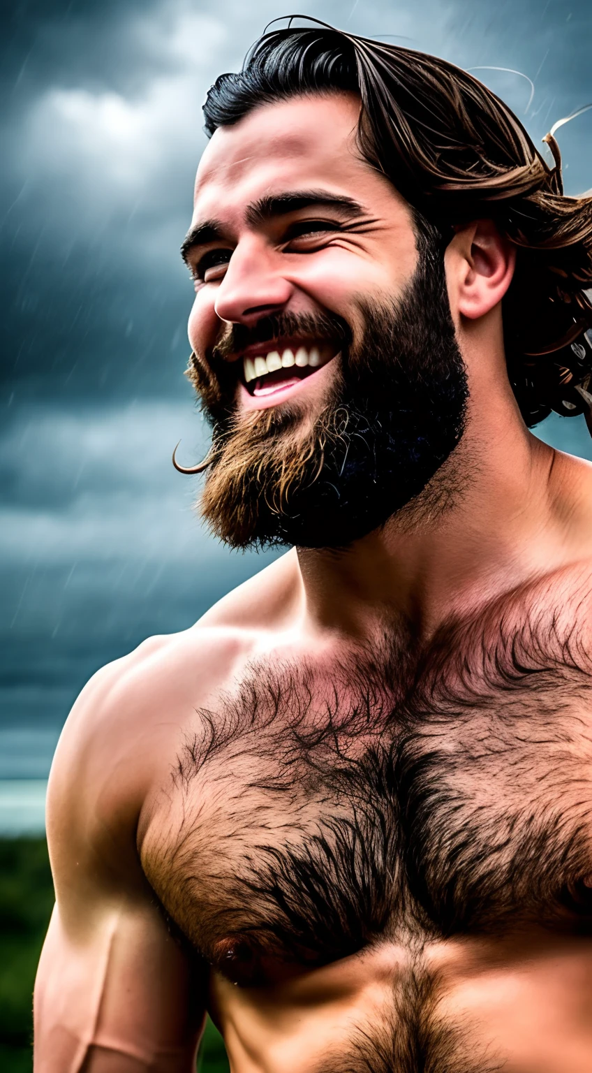 A muscular 30-year-old man with a beard smiling in a storm