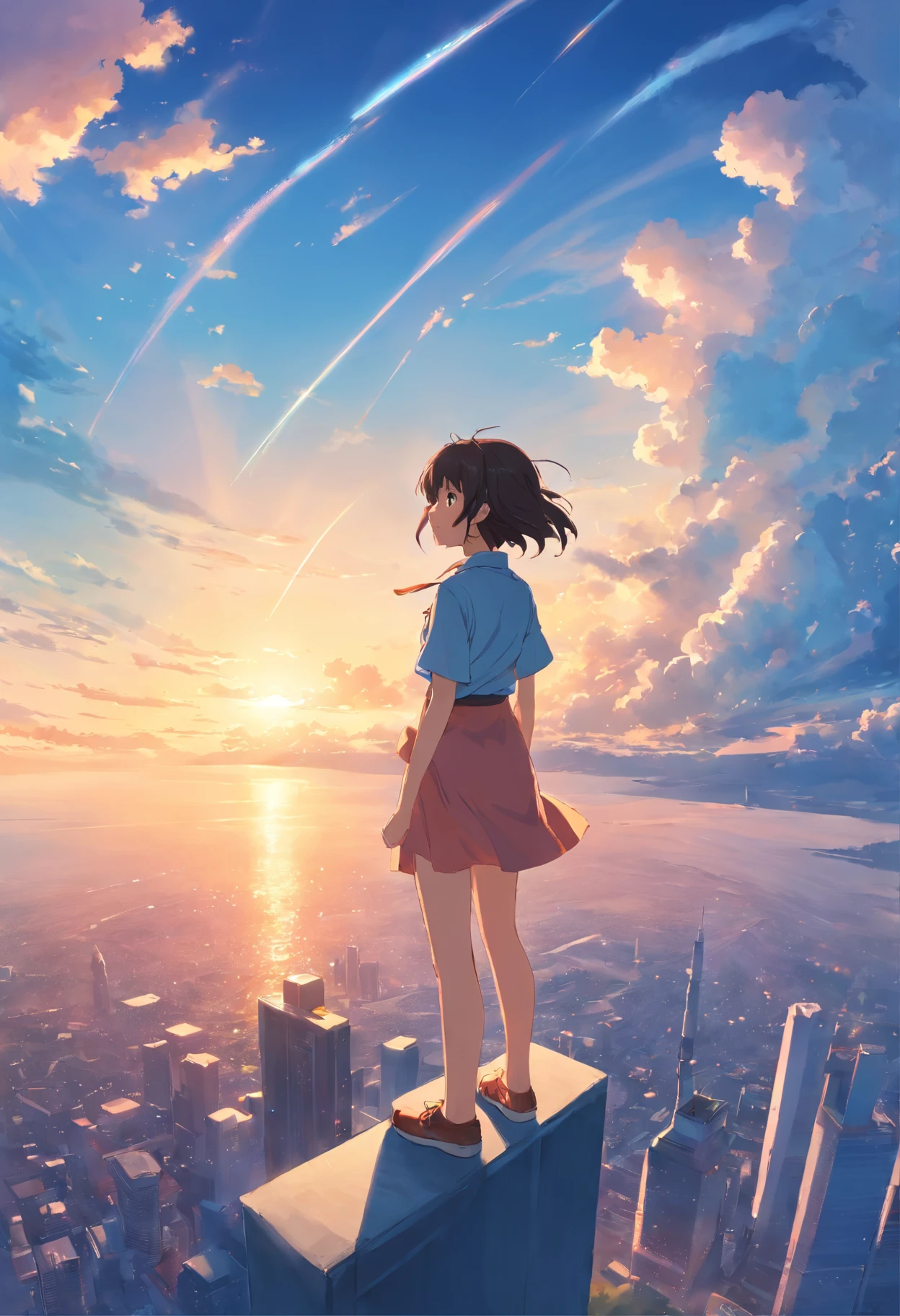 ​masterpiece、top-quality、Movie stills、1girl、Cloud Girl、floating in sky、Angle from above　Girl is looking up at the sky、with light glowing、happiness、Warm soft lighting、the setting sun、(Spark:0.7) Poster style　Make a strong impact