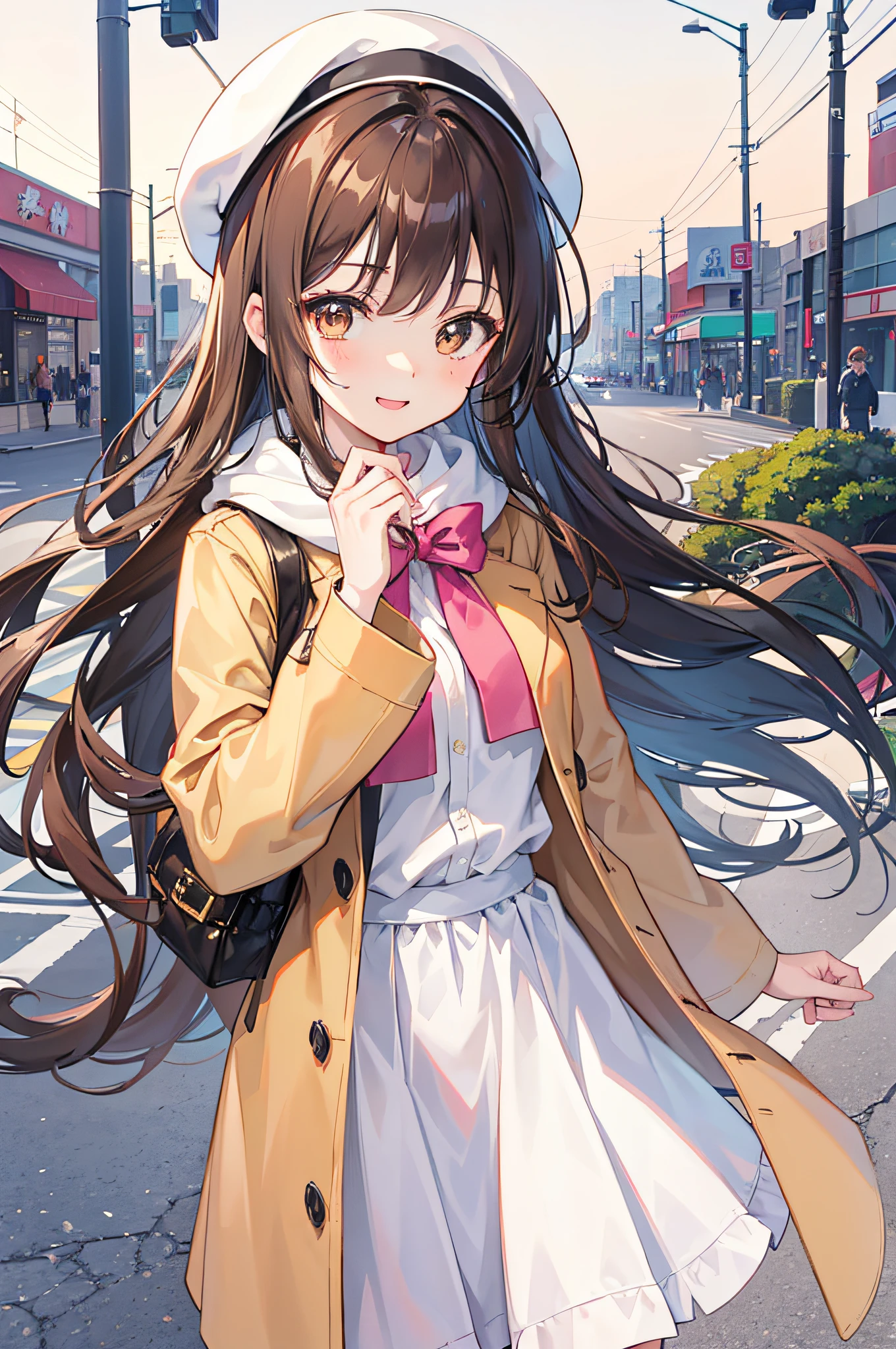 She’s a sweet looking girl, Cute, Friendly looking girl, I’m in a mood today, Happy, Smile, Anime girl, She has beautiful long brown hair and brown eyes, Let’s go to a date, It's very sunny today, Looking at viewer, Wearing a brown coat and white beret, Black skirt, White leggings, Upper Body, 4k Best quality, Anime Style 4k, In a mood, Happy, Outside landscape is a mall and a city, Tokyo city background