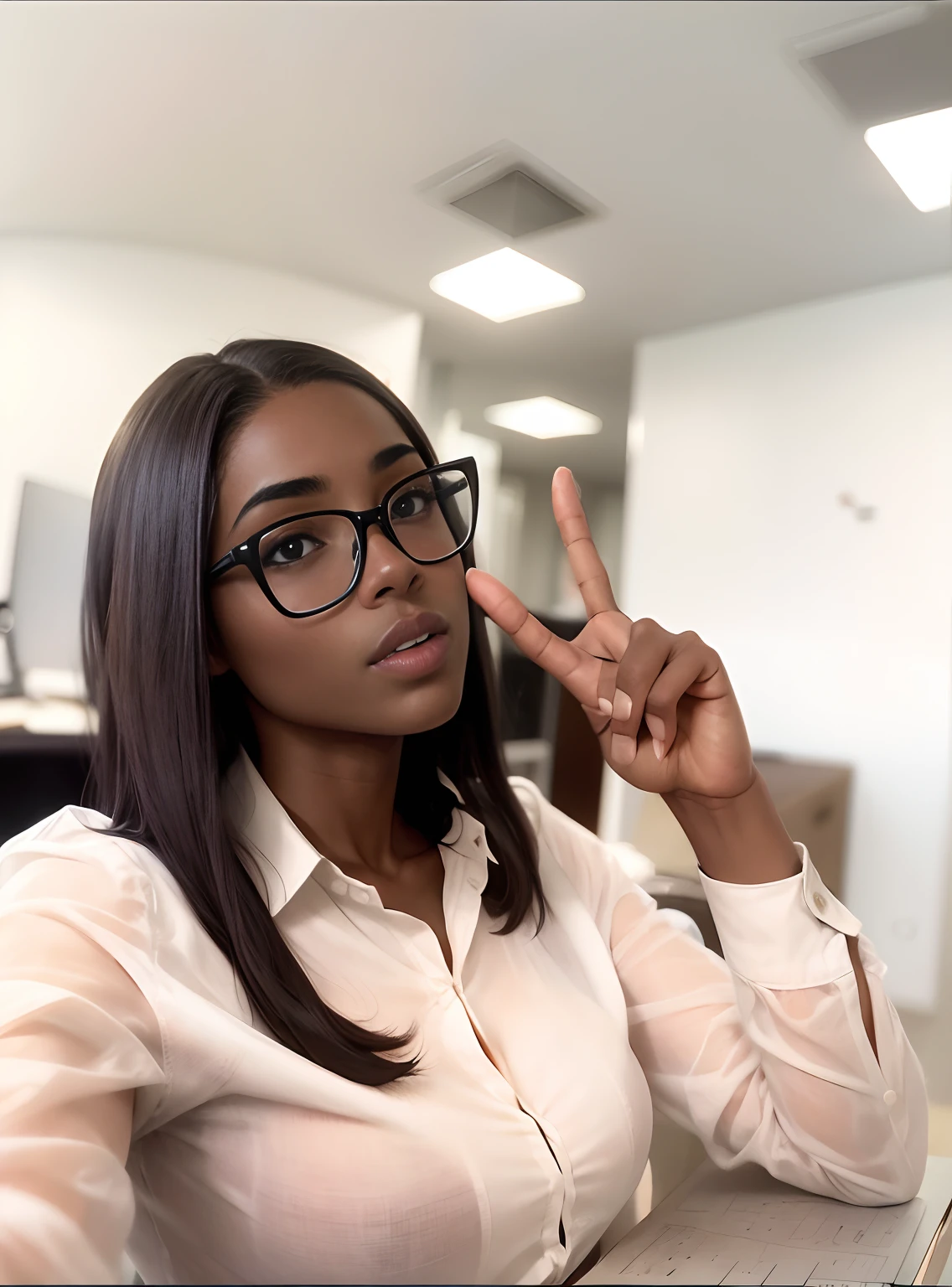 Au bureau, A 22-year-old mixed-race girl with a shirt that shows her big breasts