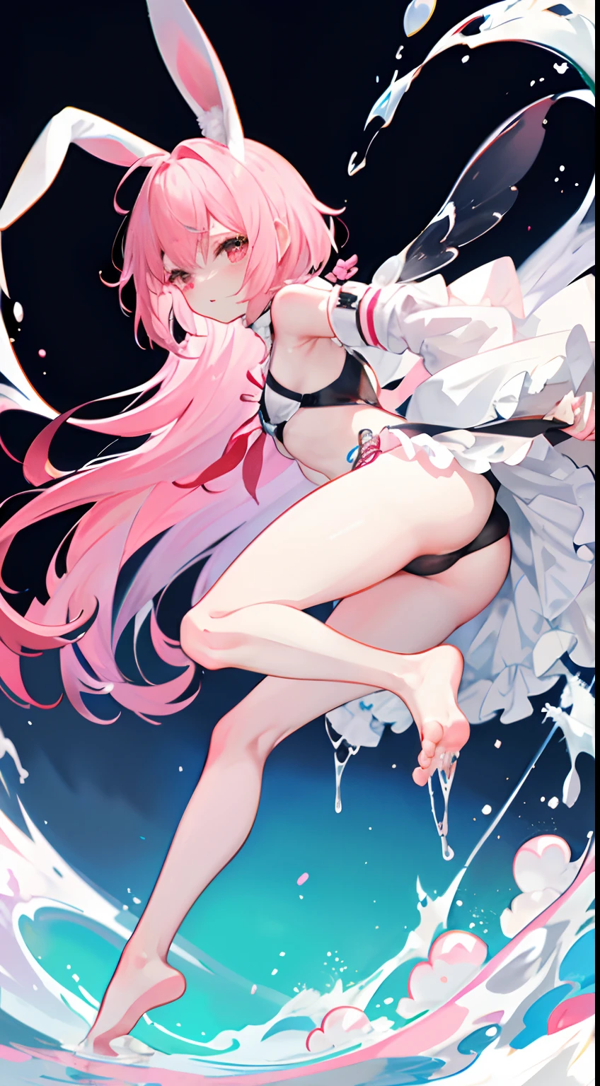 opening legs，Bunny ears，No underwear， the feet，is shy，sitted， Feet，Exposed genitals，clear liquid，Bigchest，Black fully transparent panties，soaking wet，A pink-haired，Hold your thighs from behind with your hands