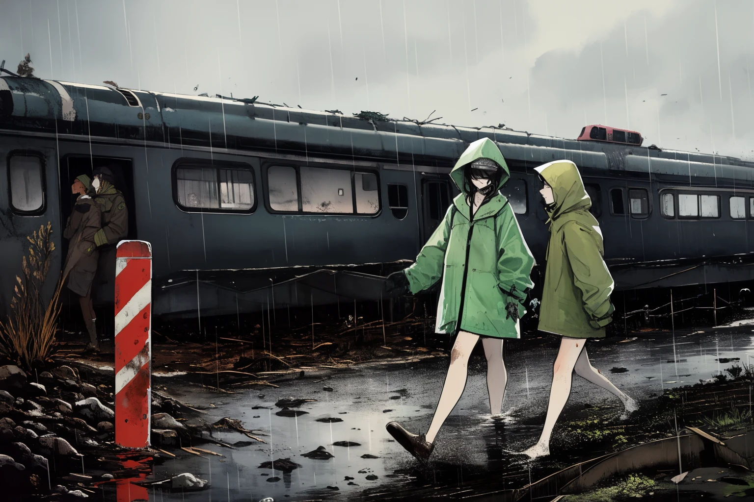 masterpiece, best quality, 2girls, (closeup), 18yo teen, slim, small breast, walk knee-deep in water, sad, tired, dirty face, green raincoat, hoods on, goggles on head, (backpacks), military pants, heavy rain, downpour, flood, wasteland, abandoned train station, industrial ruins, grey, desolate, rain, dark, watercolor, sketch