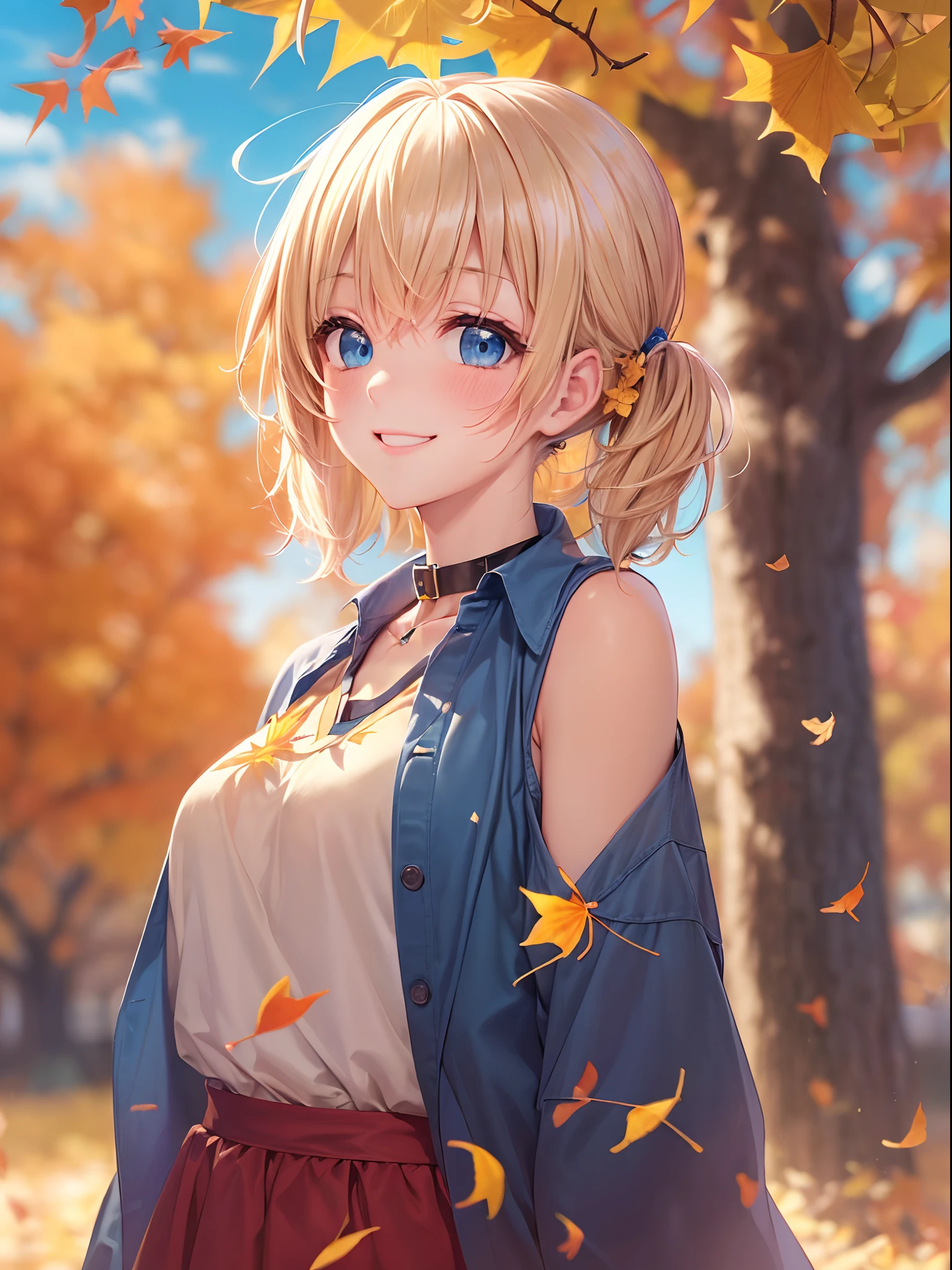 absurderes, ultra-detailliert,bright colour, extremely beautiful detailed anime face and eyes, 25 years old,(Blue sky in autumn:1.4)、In a row of ginkgo trees ,Maple is scattered,asymmetrical bangs,(Blonde hair with short twin tails), Shiny hair, Delicate beautiful face, red blush、(Deep Blue Eyes:1.3), White skin, hair clips, (Brown shirt:1.4)、Happy smile、Slender body、(sun light)、a choker、