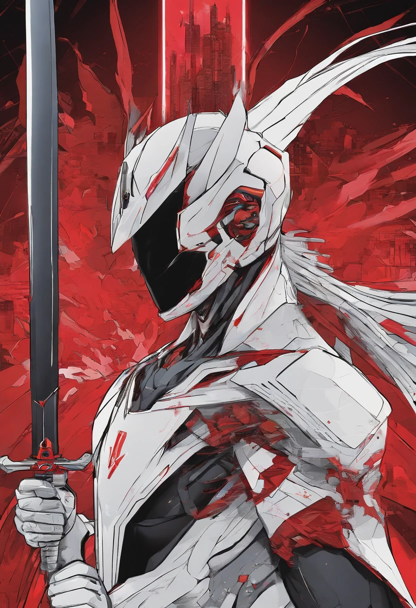 Homem de olhos vermelhos segurando uma katana banhada de sangue