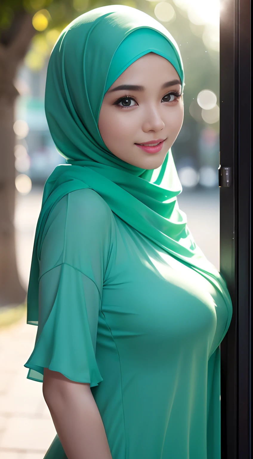 (night scene, close up photo of a sexy naked malay girl with hijab, posing, look at a camera and smile, green pastel hijab, (green eyes:0.8), big tit, cute young face, 18 yo, soft volumetric lights, (backlit:1.3), (cinematic:1.3), intricate details, (ArtStation:1.2),Best quality, high resolution, masterpiece: 1.3), a beautiful malay woman in hijab, big breasts, beautifully presented details in the street and facial and skin texture, detailed eyes, double eyelids, big eyeschest visible, shirt open