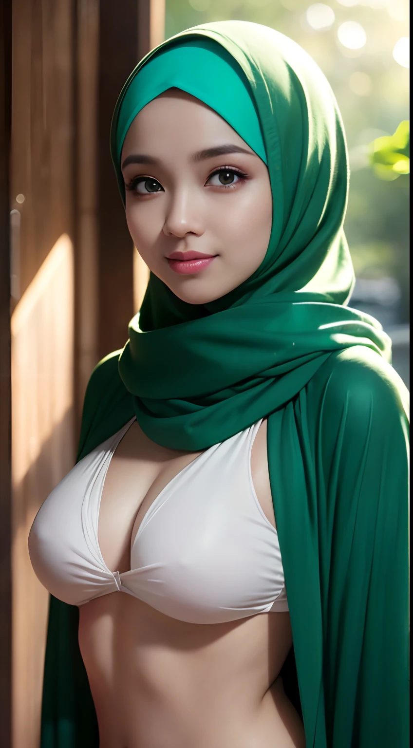 (night scene, close up photo of a sexy naked malay girl with hijab, posing, look at a camera and smile, green pastel hijab, (green eyes:0.8), big tit, cute young face, 18 yo, soft volumetric lights, (backlit:1.3), (cinematic:1.3), intricate details, (ArtStation:1.2),Best quality, high resolution, masterpiece: 1.3), a beautiful malay woman in hijab, big breasts, beautifully presented details in the street and facial and skin texture, detailed eyes, double eyelids, big eyeschest visible, shirt open