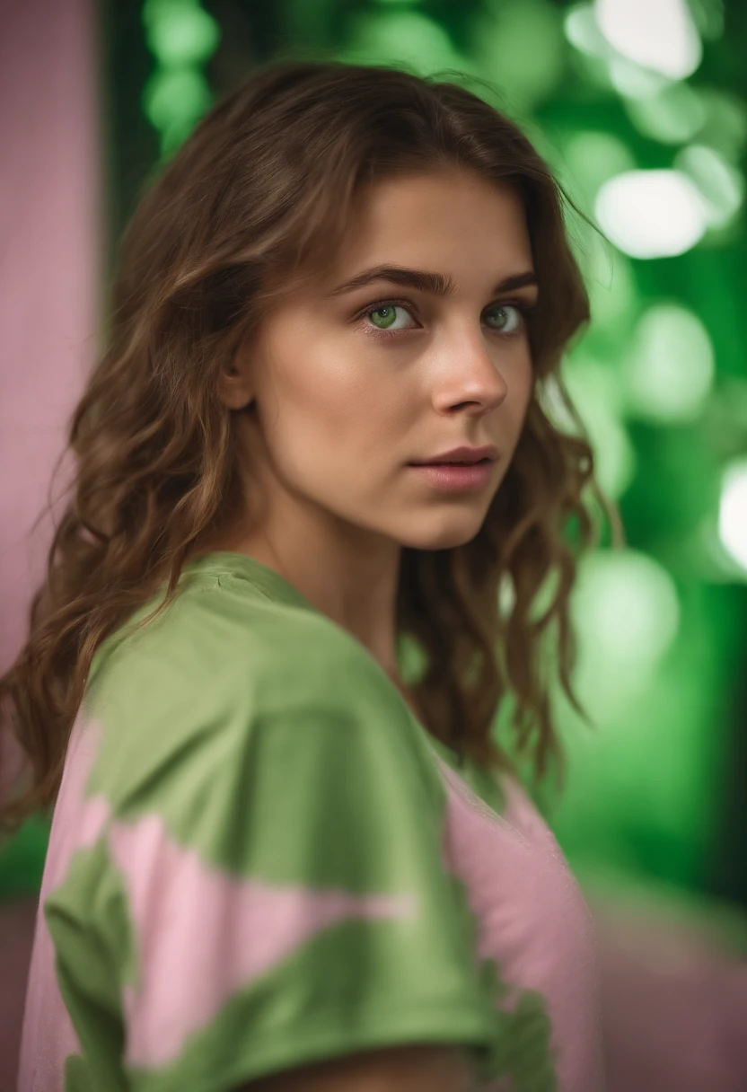 Cute girl covered in green slime, brown hair, green eyes, pink T-shirt, tight, light beige khaki pants