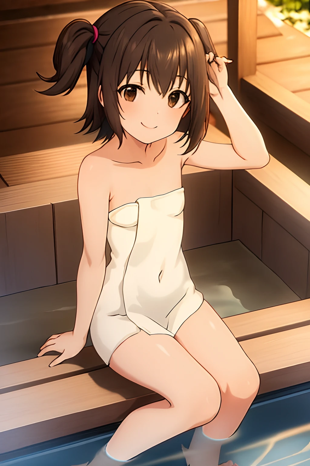 masterpiece, best quality,
1girl, solo, brown hair, short hair, two side up, brown eyes, flat chest, smile,
white towel on the body,
looking at viewer,nude legs,
sitting in the onsen with your feet in the water,