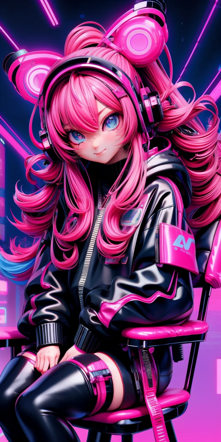 anime girl with pink hair sitting on a chair in a neon city, long curly hair, cyberpunk anime girl in hoodie, cyberpunk anime girl, anime style 4 k, anime cyberpunk art, best anime 4k konachan wallpaper, digital cyberpunk anime art, female cyberpunk anime girl, digital cyberpunk - anime art, cyberpunk anime art, anime cyberpunk, cyberpunk streetwear, cyberpunk art style