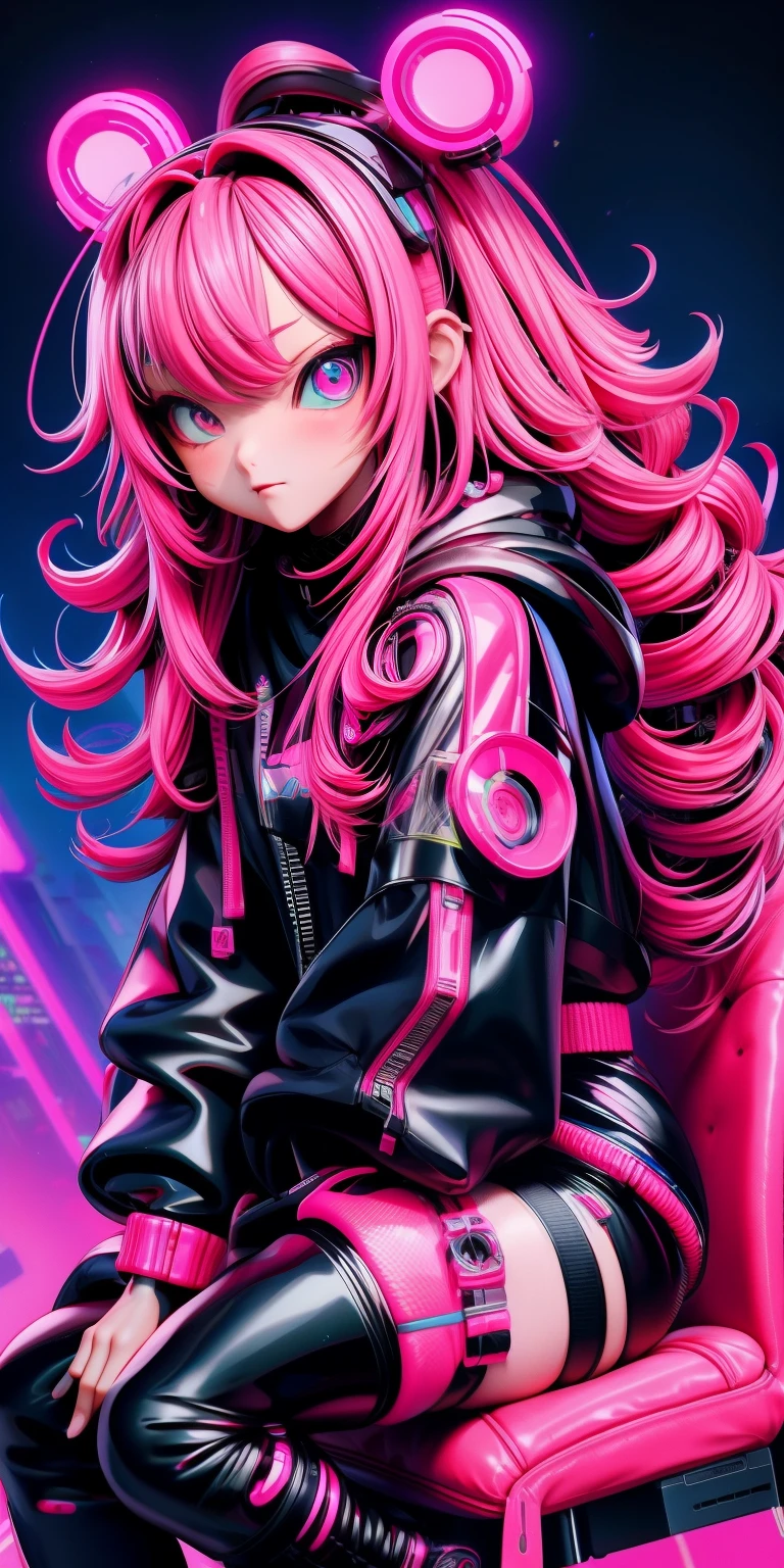 anime girl with pink hair sitting on a chair in a neon city, long curly hair, cyberpunk anime girl in hoodie, cyberpunk anime girl, anime style 4 k, anime cyberpunk art, best anime 4k konachan wallpaper, digital cyberpunk anime art, female cyberpunk anime girl, digital cyberpunk - anime art, cyberpunk anime art, anime cyberpunk, cyberpunk streetwear, cyberpunk art style
