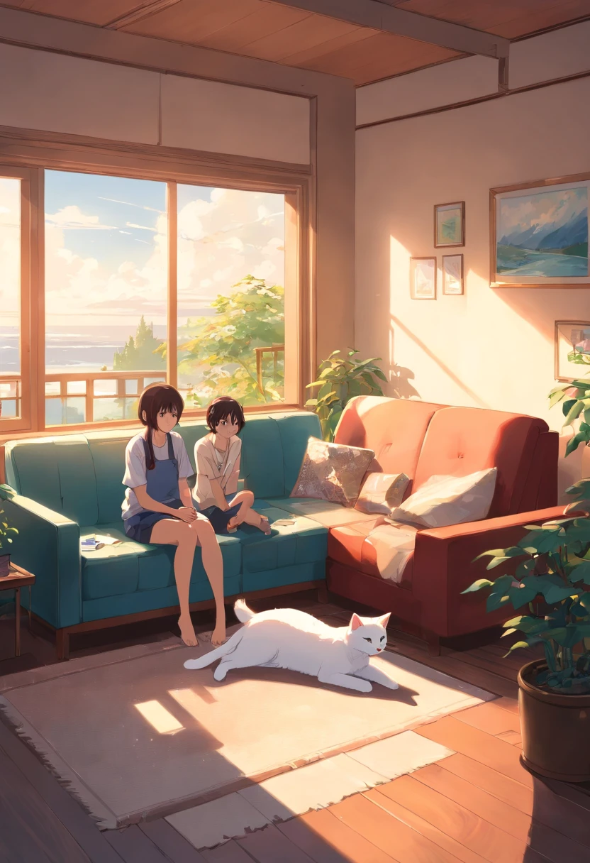 a room，Men and women sitting on sofas，Alaska lay on the ground and watched the two of them，A white cat stands on the windowsill