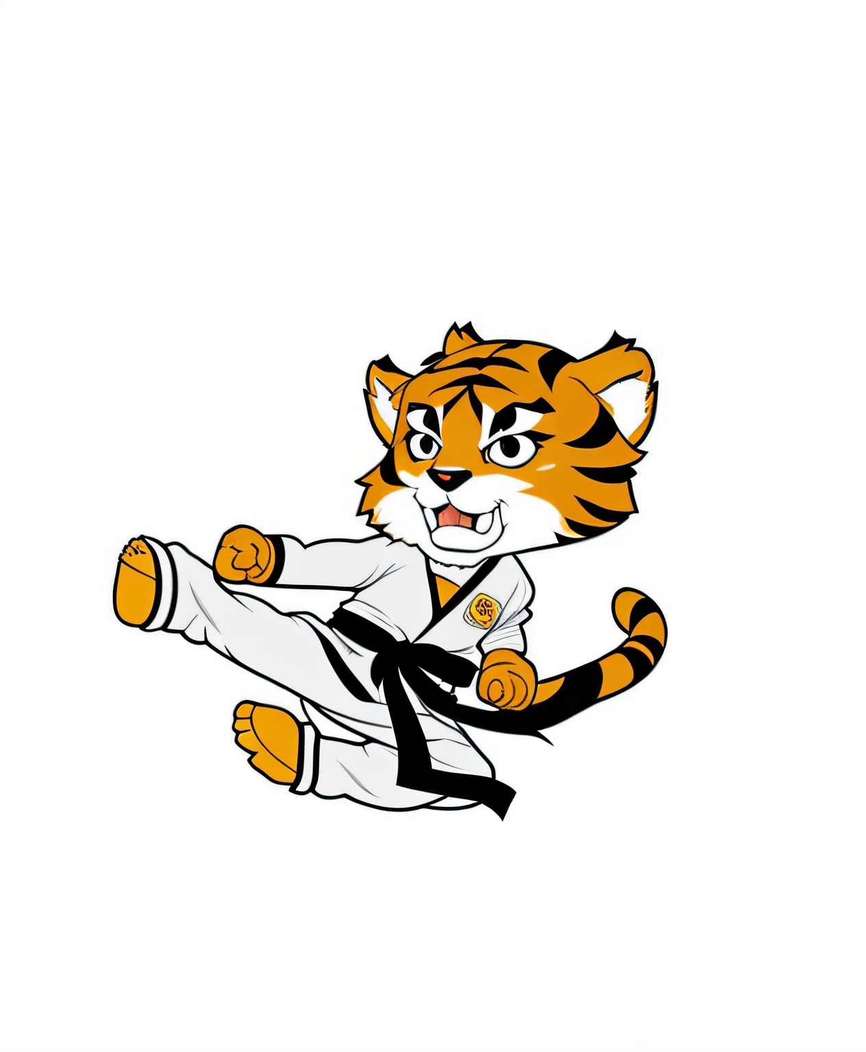 A cartoon girl tiger is kicking a kick with his foot, anthropomorphic tiger, em uma postura de luta, em pose de luta, Karate, Mascot illustration, postura de luta, mascote da equipe esportiva, mascote esportivo, Karate Kick, Tigerman, artes marciais, Karate Pose, tigre, tigre_animal, Tigres, Japanese mascot, Pose de luta, Pose de arte marcial, Pose de luta