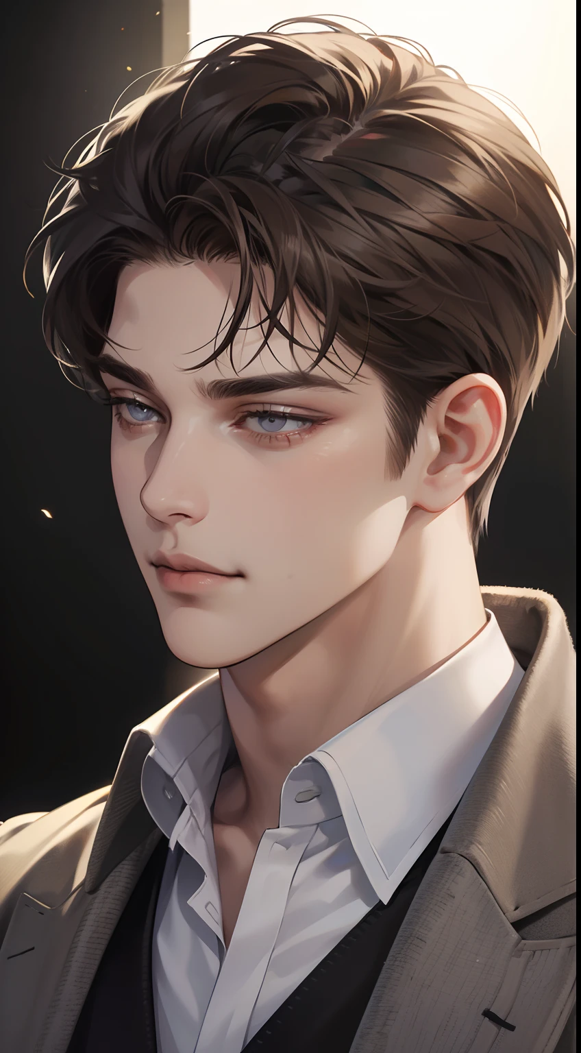 masterpiece, best quality, realistic, 1man, mature male, quiet and charming young man, 25 years old, close his eyes, serious look, extremely detailed face, smirk, ((dark grey eyes)), ((short-right-swept dark brown hair)), [thick eyebrows], detective, Black background, Victorian era, cinematic lighting, background size is more than the man