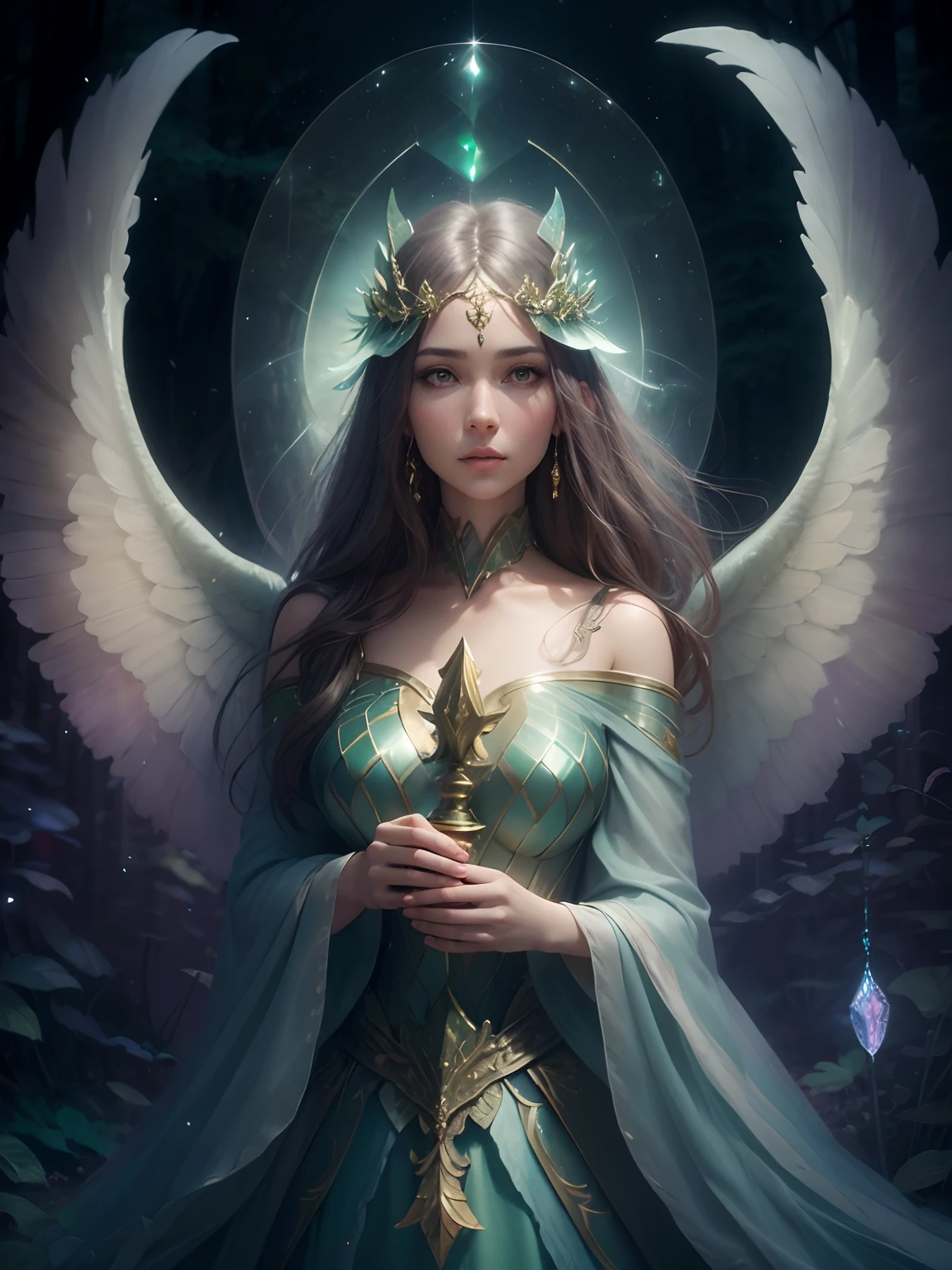 Guardian of the Enchanted Grovean armored woman with iridescent, wing-like pauldrons, standing tall amidst an ethereal grove of towering, luminescent mushrooms, the forest floor covered in sparkling dewdrops, a mystical aura emanating from her presence, the air filled with a soft, golden glow, captured through a hyper-realistic digital painting with a focus on intricate details and a seamless blend of natural and magical elements, rendered using a combination of Blender and Photoshop.