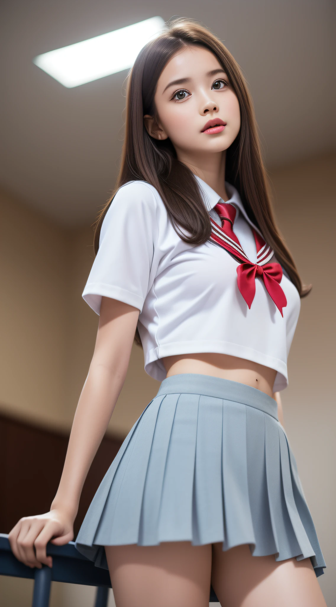 (1ung girl), (backwards:1.6), looking back, (highly detailed Beautiful face), Amazing face and eyes, (Best Quality:1.4), (Ultra-detailed), (extremely detailed CG unified 8k wallpaper), Highly detailed, High-definition raw color photos, Professional Photography, Realistic portrait, Amazing face and eyes, Pink eyes, (hi-school uniform, pleated mini skirt:1.3), (High school uniform with wide open breasts:1.4), mini skirt, brown hair, model, (((Bokeh))), depth of fields, School, classroom, (no panties:1.4), (view from below:1.3),
