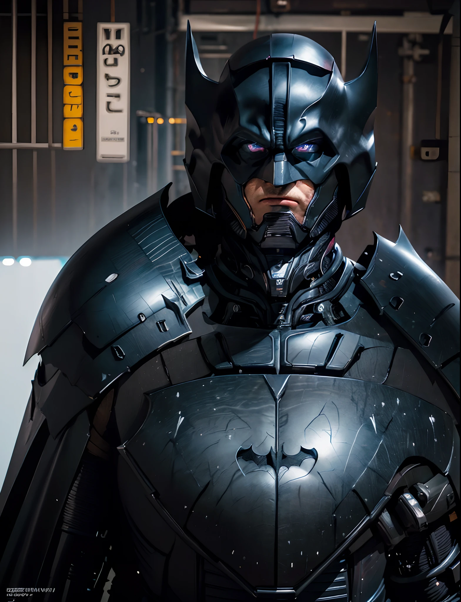 batman in a black suit with blue eyes and a cape, batman mecha, dark supervillain, marvel concept art, clothed in stealth armor, epic sci-fi character art, style of raymond swanland, epic sci - fi character art, evil knight, by Roman Bezpalkiv, themed like a military poster