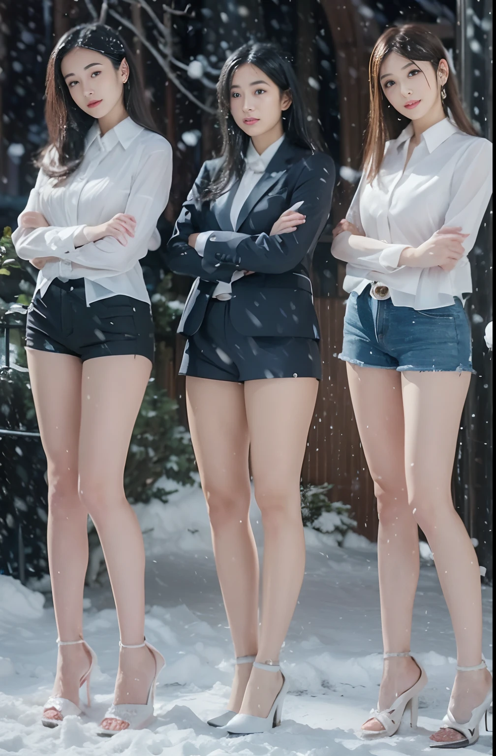 A Japanese Lady、beauitful face、Beautie、二重まぶた、Long Black Hair、Suits、Micro shorts、beauty legs、Raw feet、tall、long legged、pin heels、model poses、arms in arms、Oyuki、snow cover、snow blowing、Visibility is poor due to snow、Snow sticks to the body、heavy wind、Wind-tousled hair、nighttime scene、